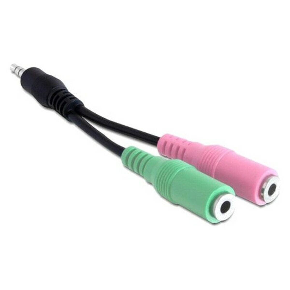 Divisor de audio con conector negro y dos conectores de colores.