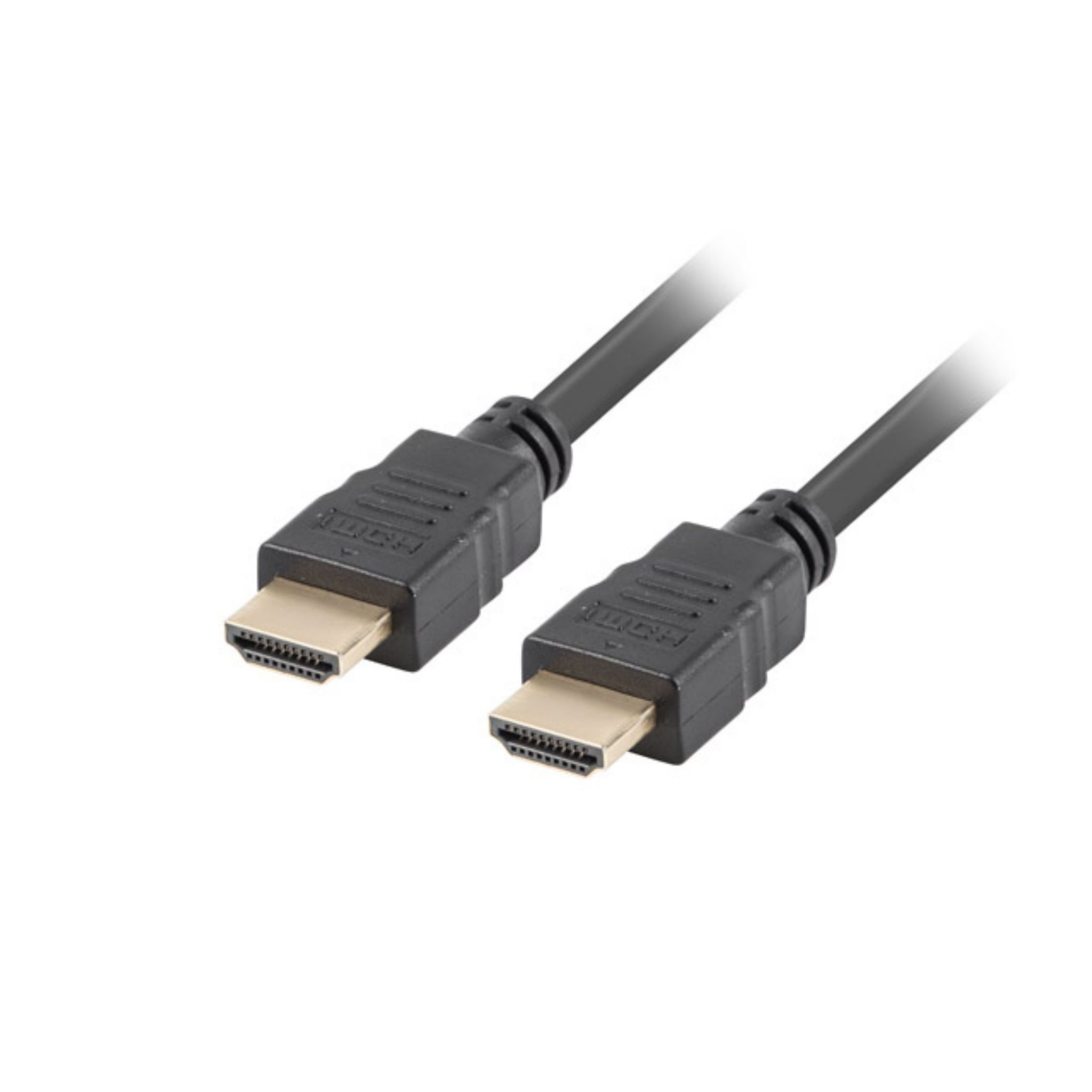 Dos cables HDMI uno junto al otro. Ambos cables son negros. Los enchufes son dorados.