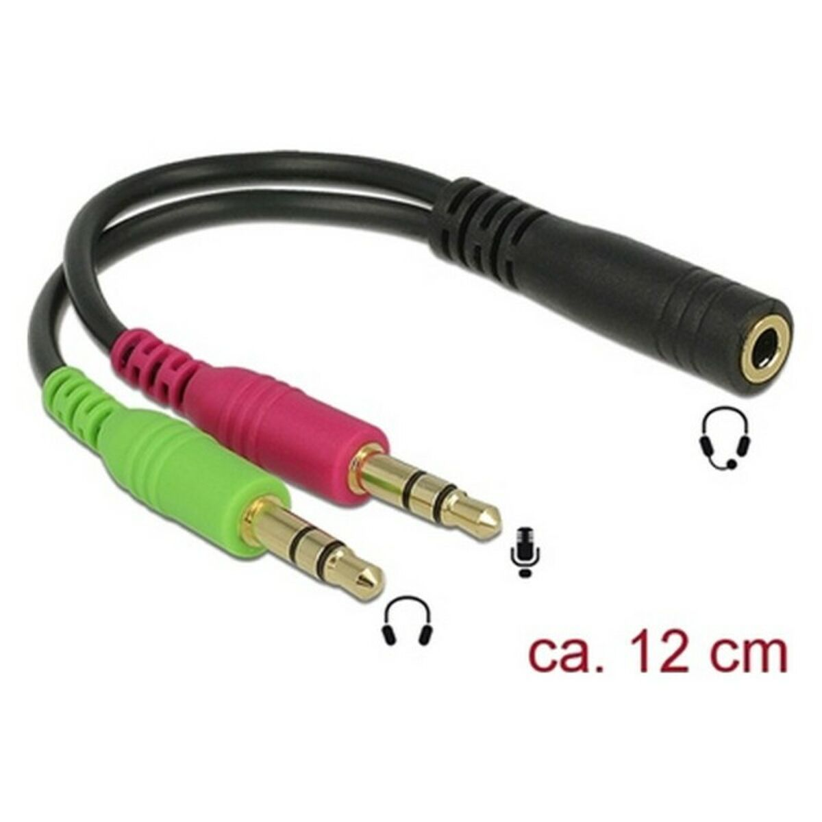 Un adaptador de audio de 3,5 mm con dos conectores y un conector de micrófono, y el texto 'ca. 12 cm'.