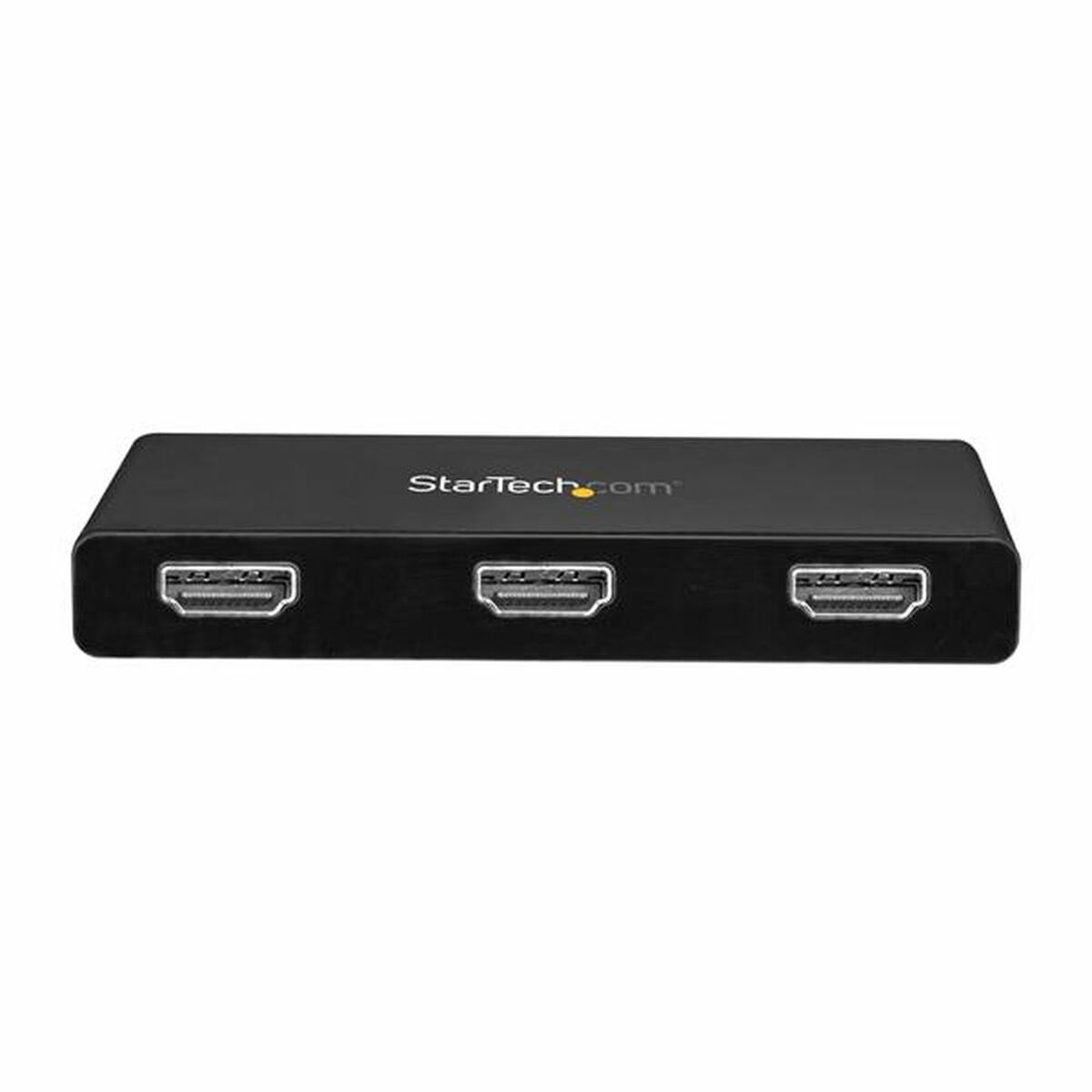 Un divisor HDMI negro con tres puertos HDMI. El dispositivo está sobre fondo blanco.