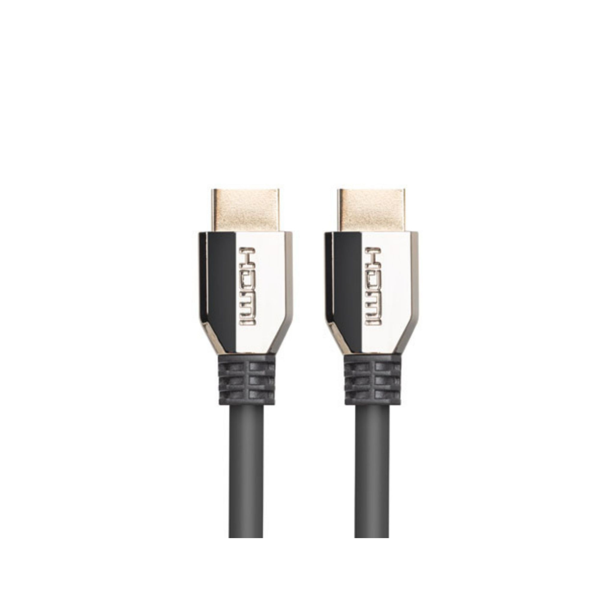 Due connettori HDMI argentati con cavi neri, su sfondo bianco.