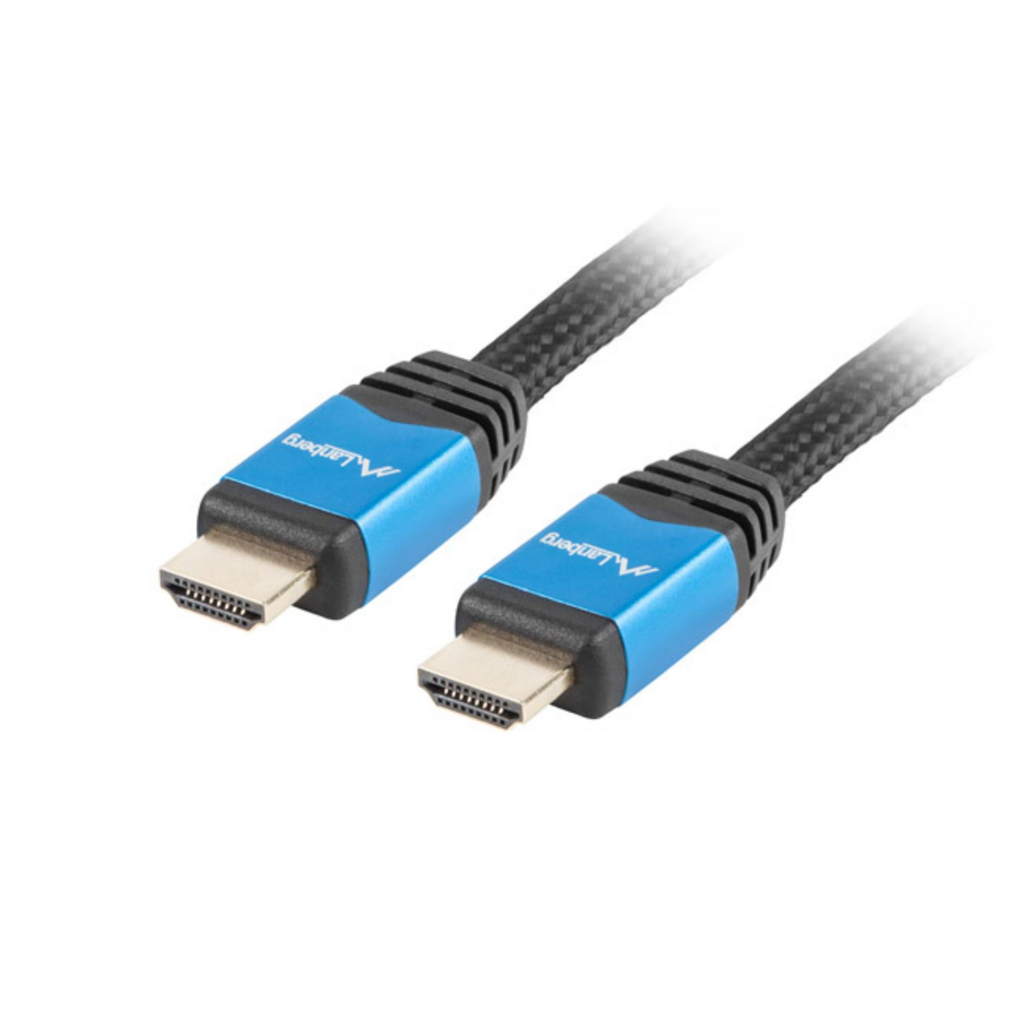Due cavi HDMI, neri e blu con connettori.