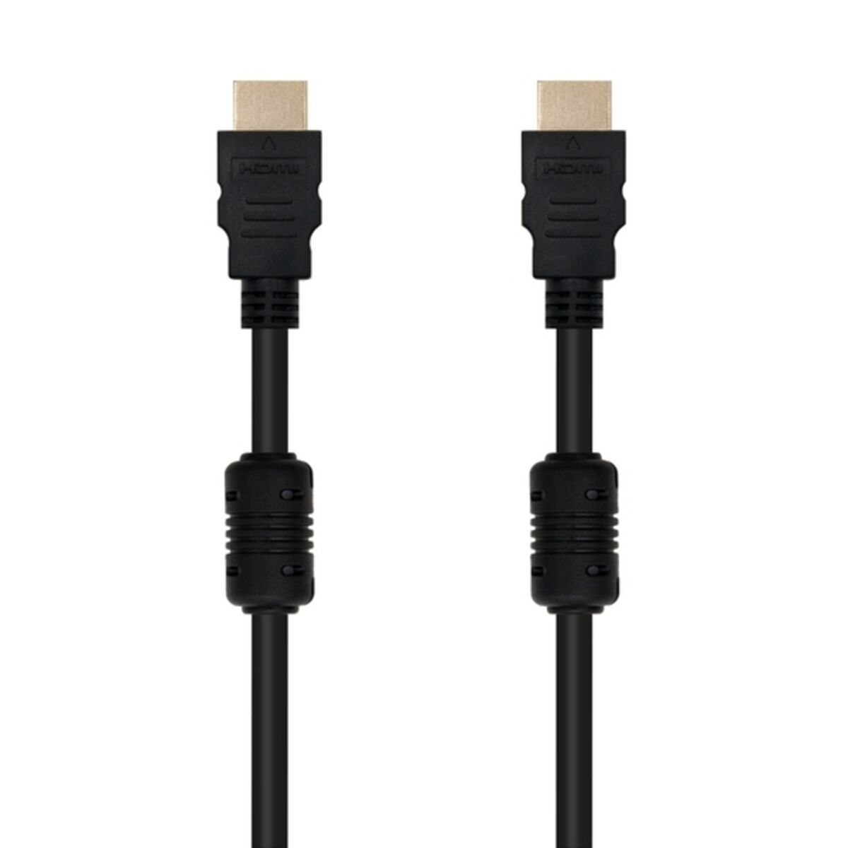 Dos cables HDMI negros con conectores negros, fondo blanco.