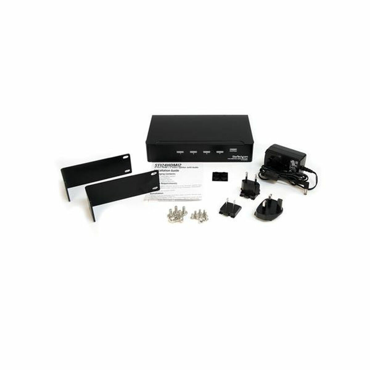 Una caja negra con cables y accesorios para conectar dispositivos.