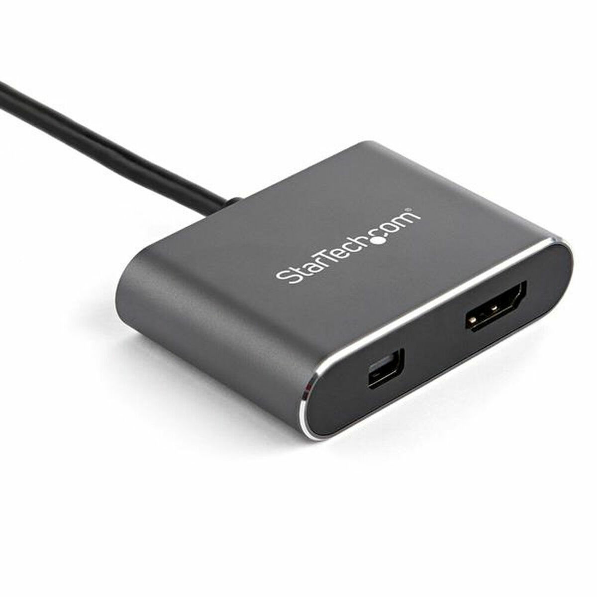 Un adaptador gris oscuro con puertos HDMI y mini USB. StarTech.com está escrito en la parte superior.