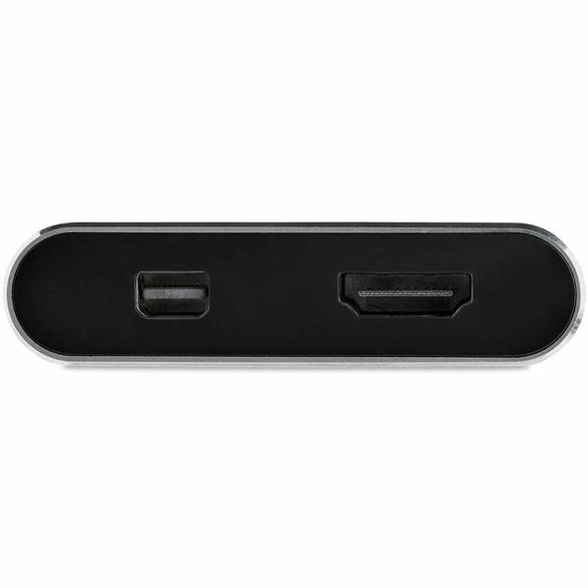 Primer plano de un adaptador negro con puerto USB-C y HDMI, sobre fondo blanco.