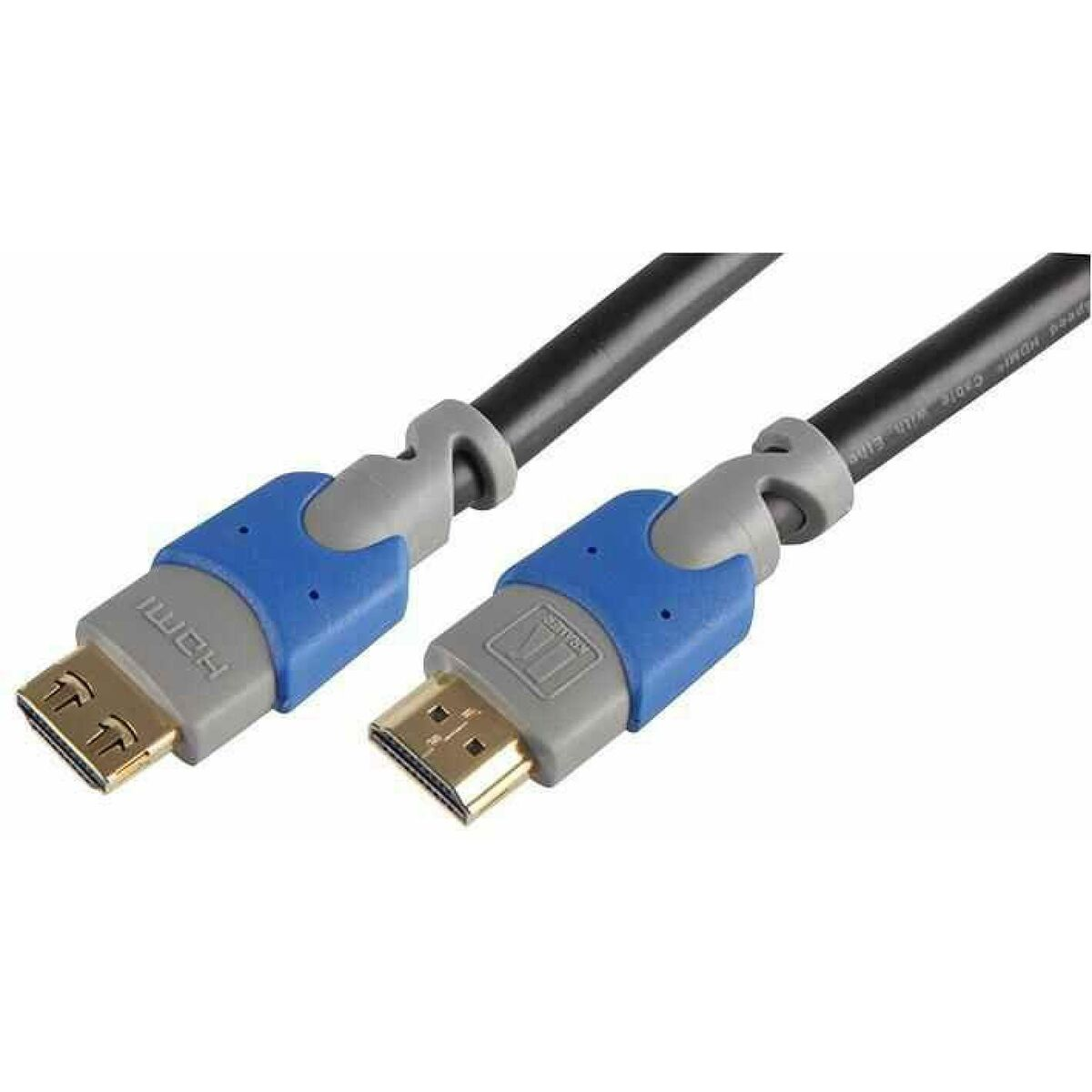 Dos cables HDMI con conectores grises y azules. Ambos tienen conectores HDMI dorados.