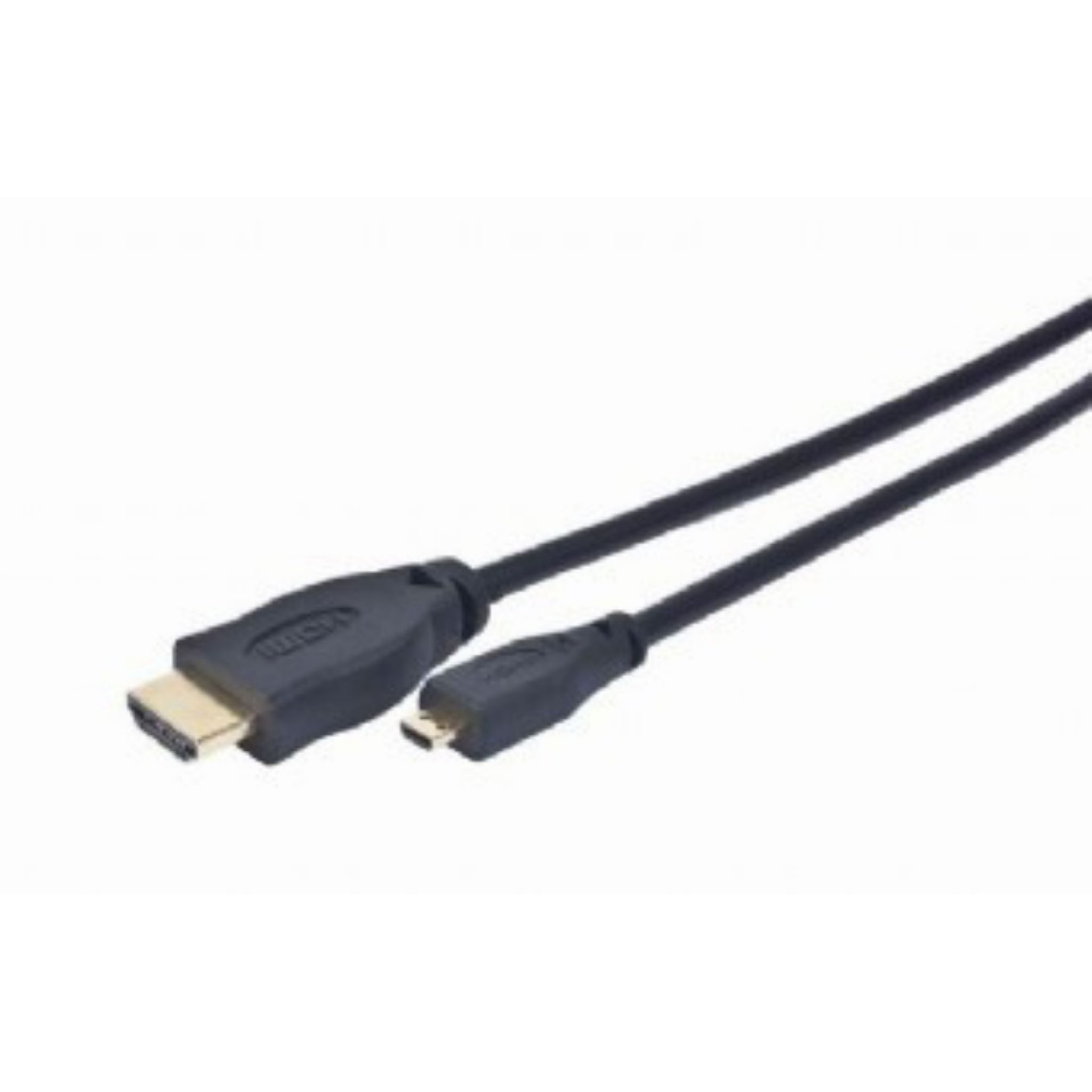 Zwarte HDMI naar Micro USB-kabel, beide uiteinden zichtbaar. Witte achtergrond.