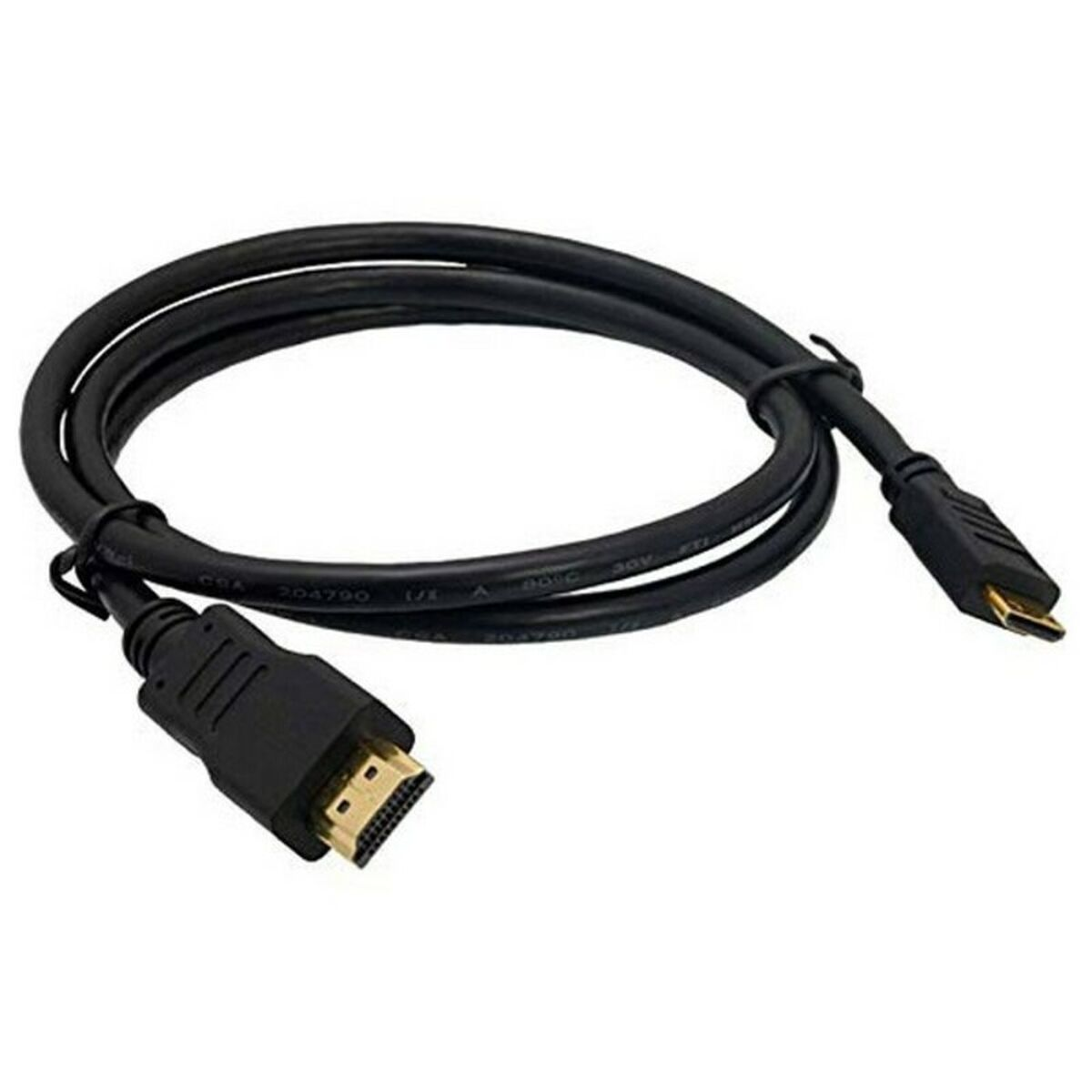Cable HDMI negro con conectores en ambos extremos.