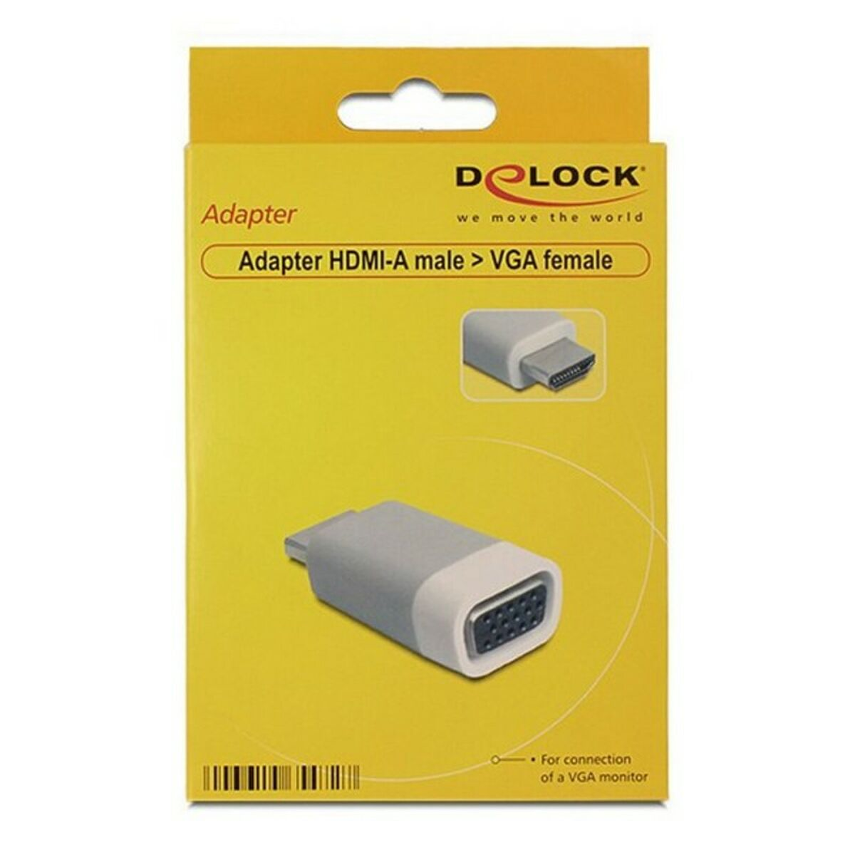 Adaptador HDMI-A macho a VGA hembra en caja. Adaptador gris y blanco, fondo amarillo.