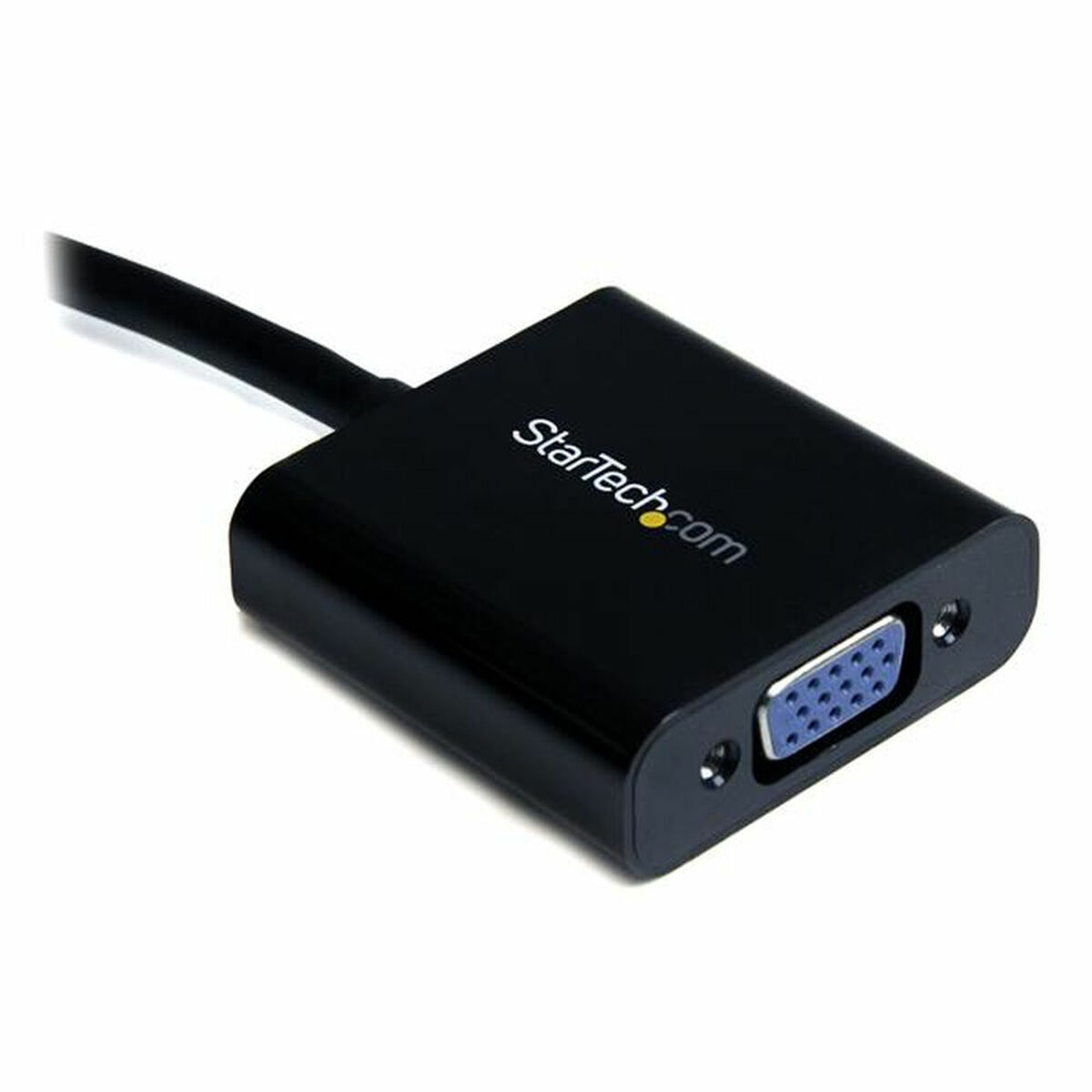 Adaptador VGA StarTech negro con cable. Tiene un puerto VGA y el logotipo de StarTech.com.