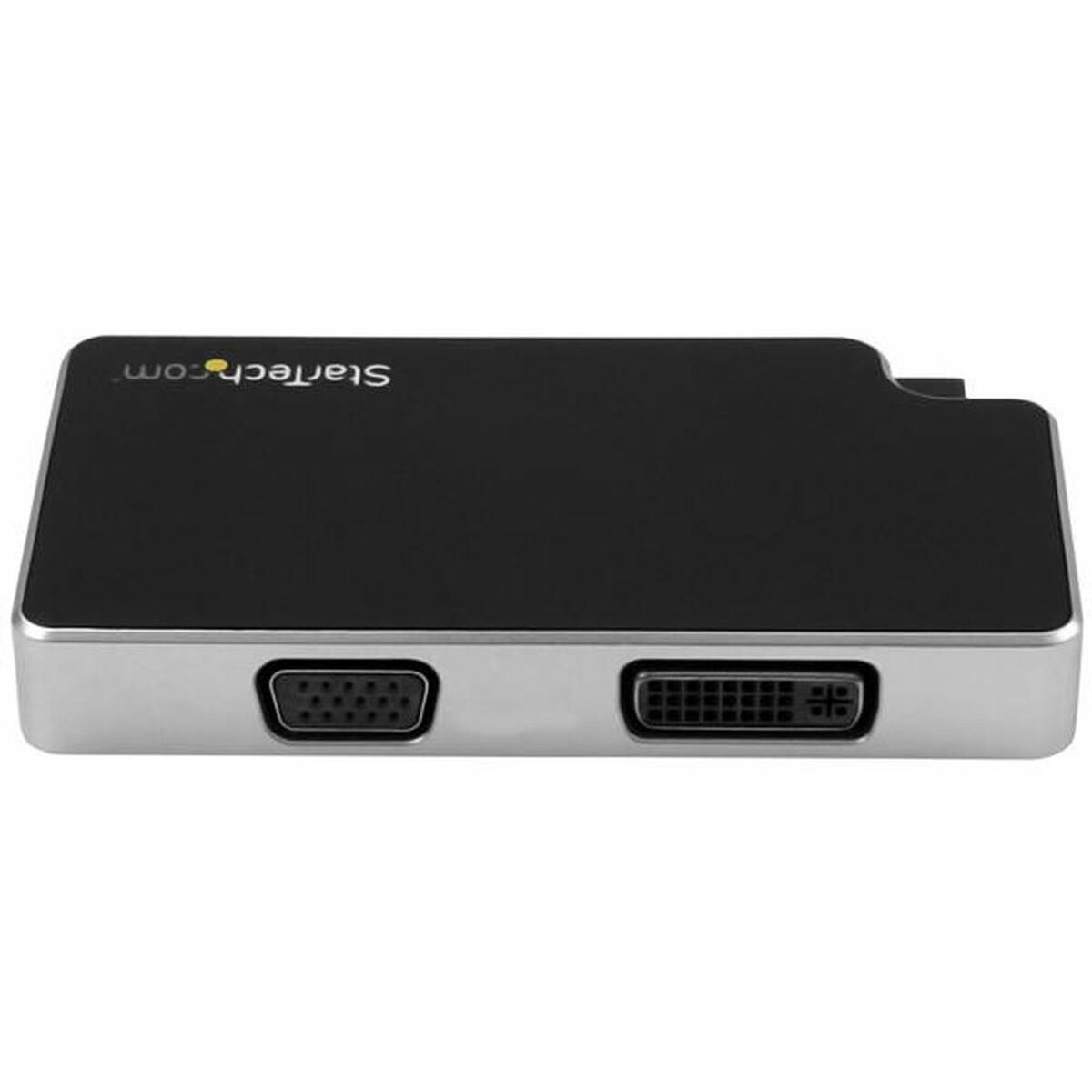 Concentrador Startech negro y plateado con puertos VGA y DVI, sobre fondo blanco.