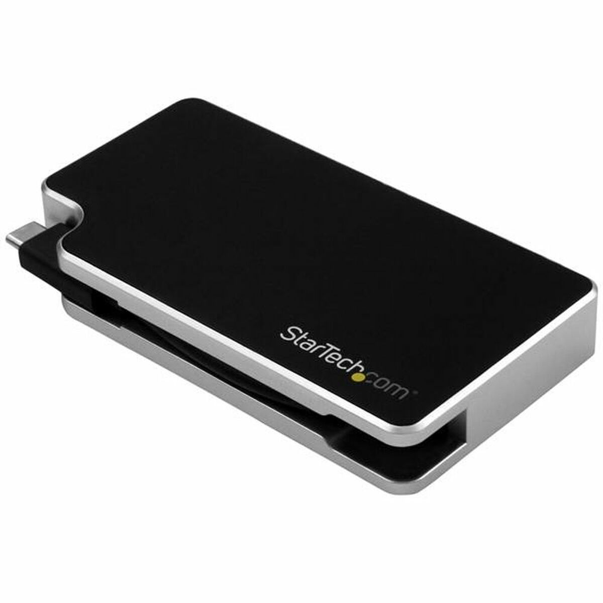 Disco duro externo negro con puerto USB-C, borde plateado y logotipo de StarTech.com.