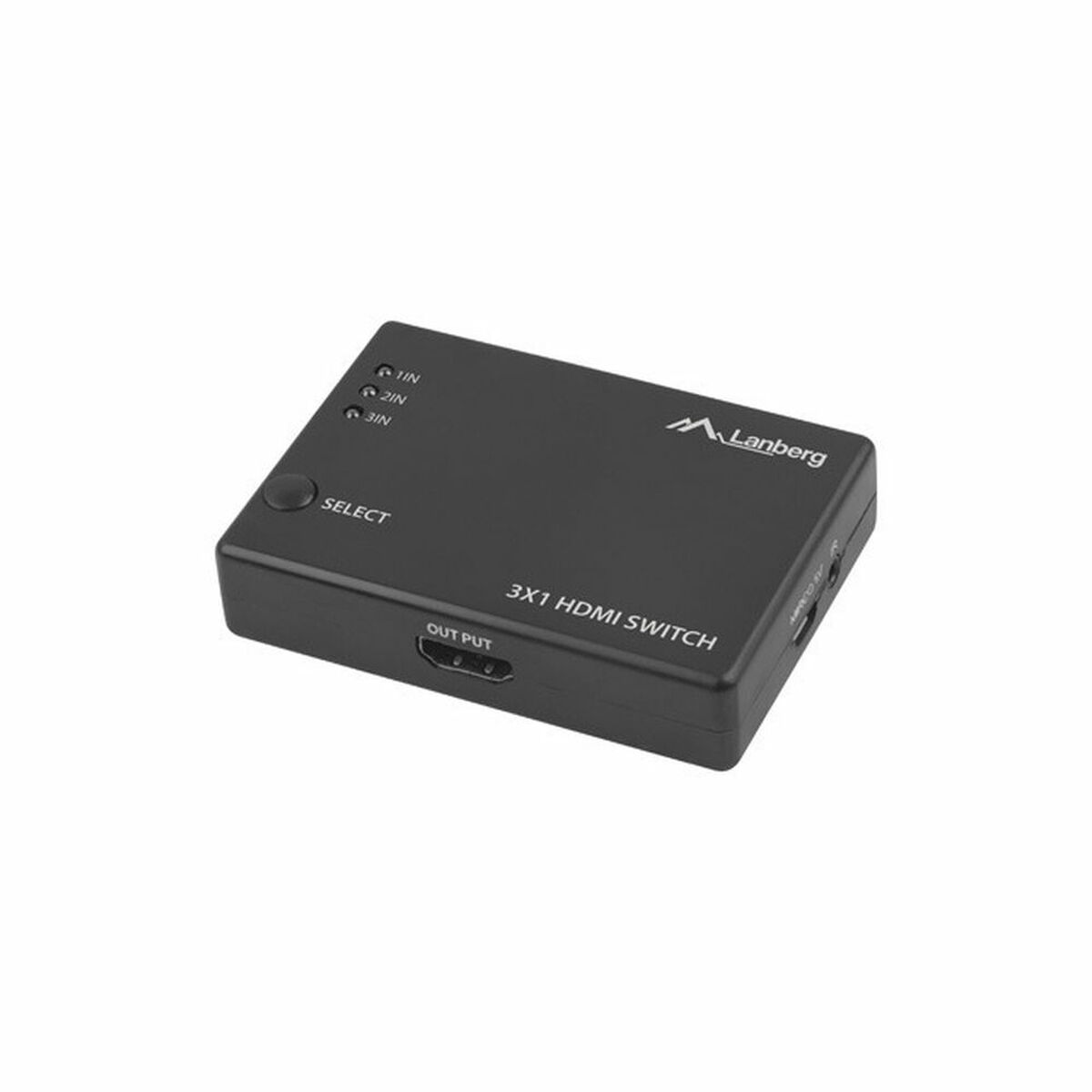 Switch HDMI nero con tre porte di ingresso e una di uscita. Marchio Lanberg.