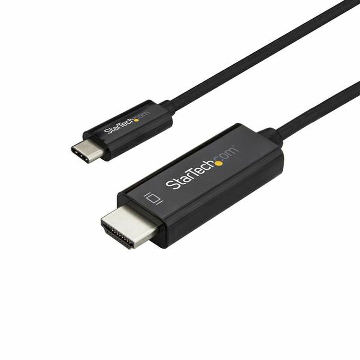 Cable USB-C a HDMI negro con la marca StarTech.com en ambos conectores.