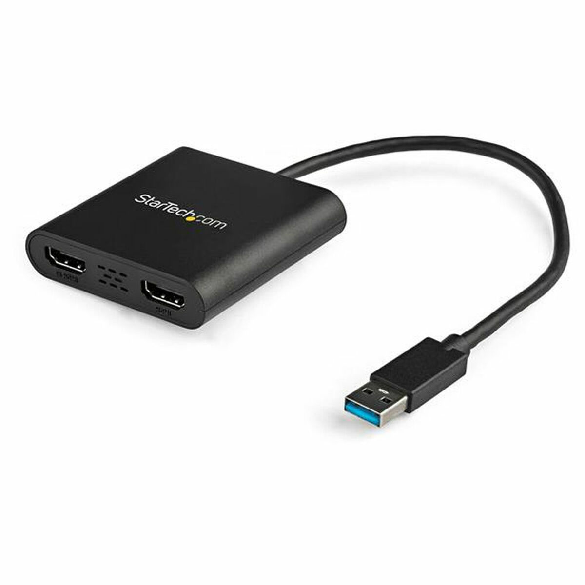 Adaptador HDMI a USB negro con conector USB-A. El logotipo de StarTech.com es visible en el adaptador.
