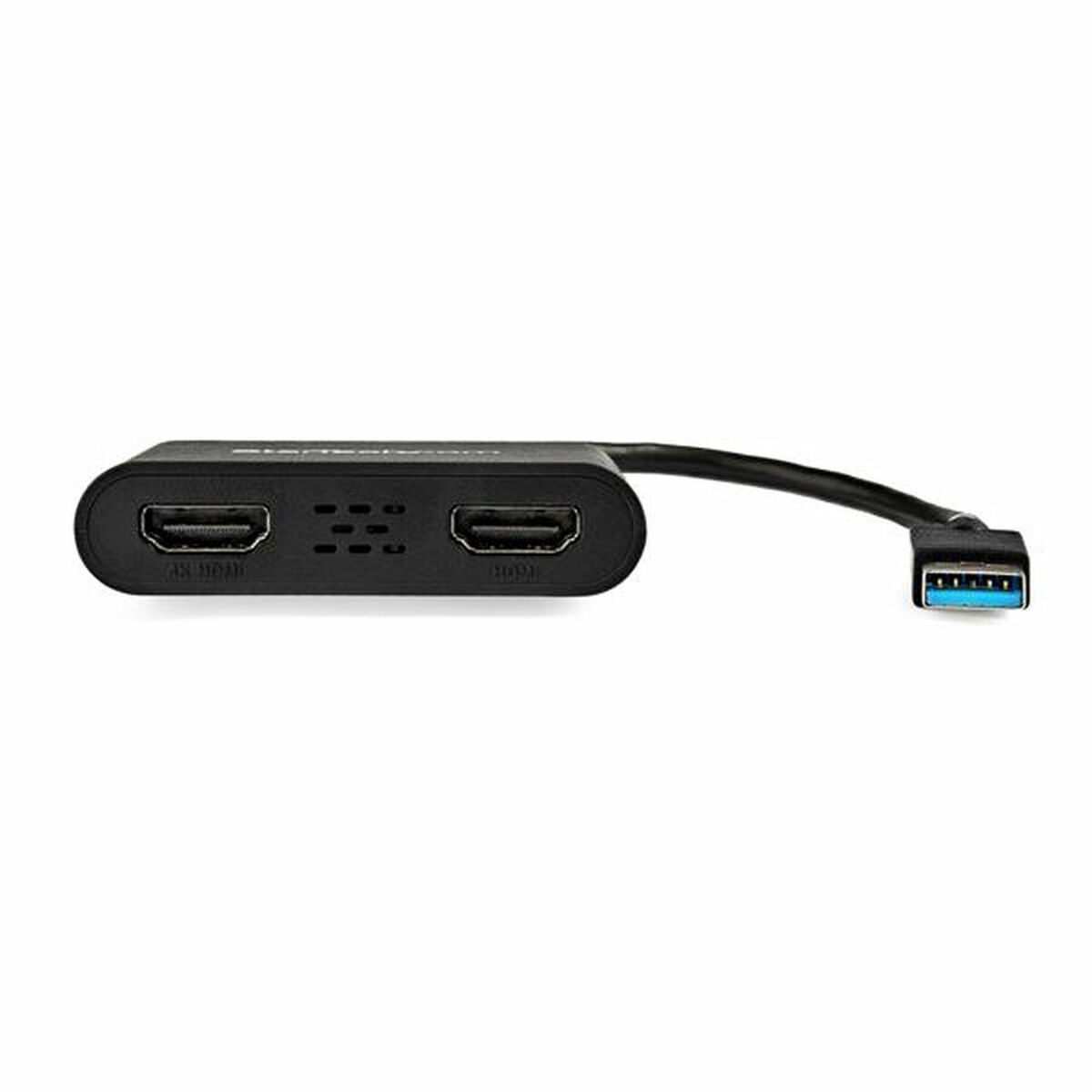 Un adaptador negro con dos puertos HDMI y un puerto USB. El puerto USB está en ángulo.