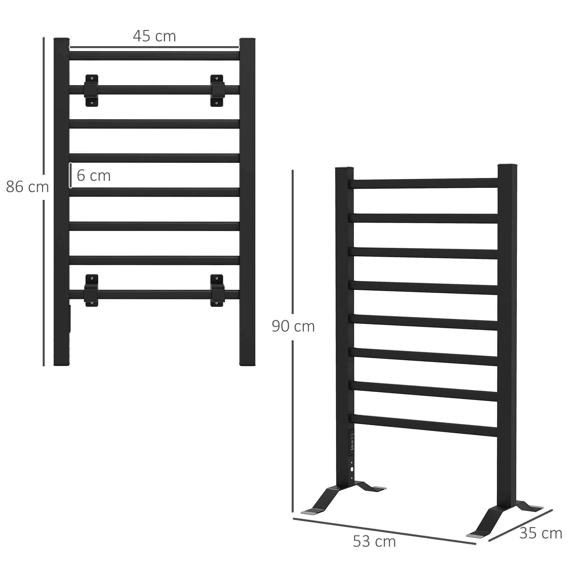 Scaldasalviette nero. Dimensioni indicate, altezza 86-90cm.