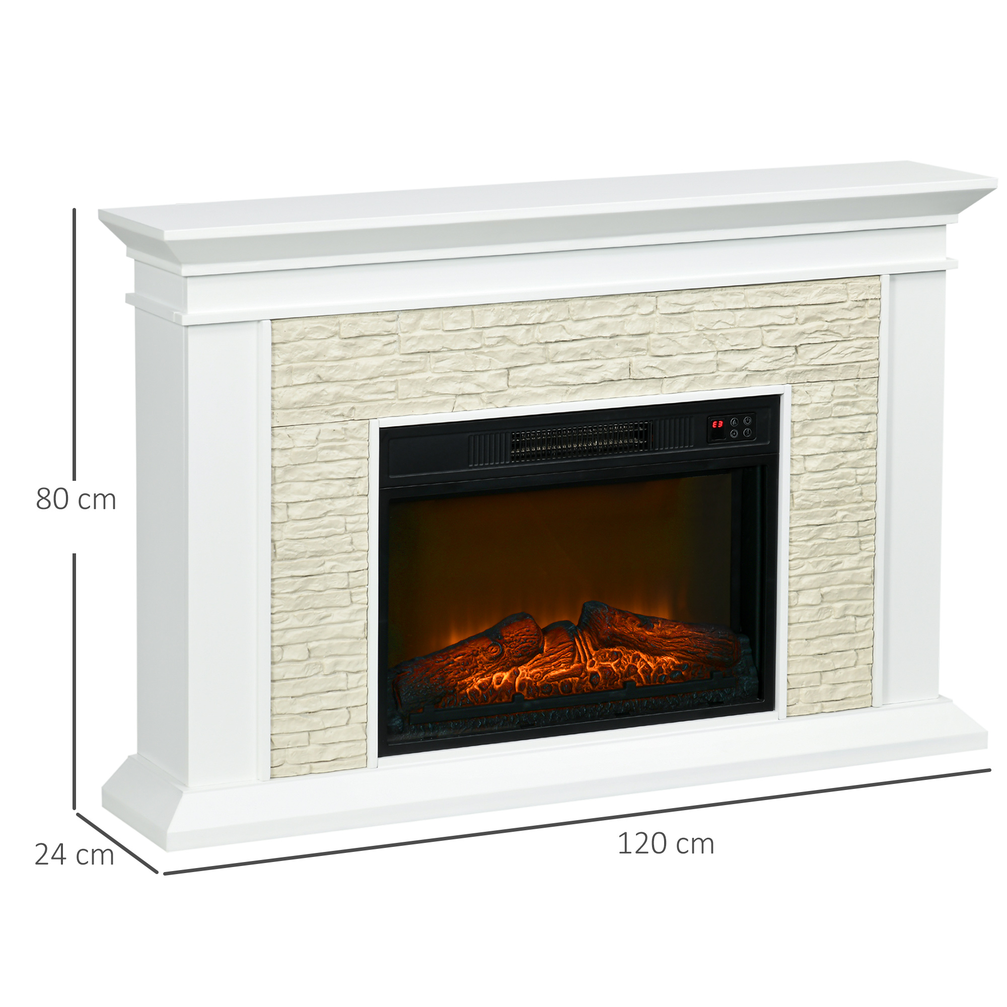 Chimenea eléctrica blanca con fachada de ladrillo de piedra y un hogar negro, dimensiones mostradas.