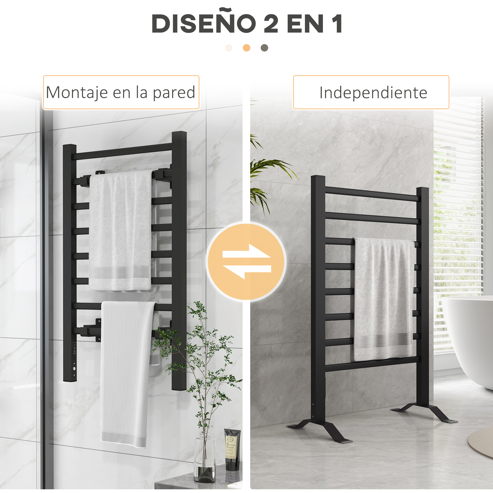 Un toallero negro, con dos opciones de instalación: pared o de pie.