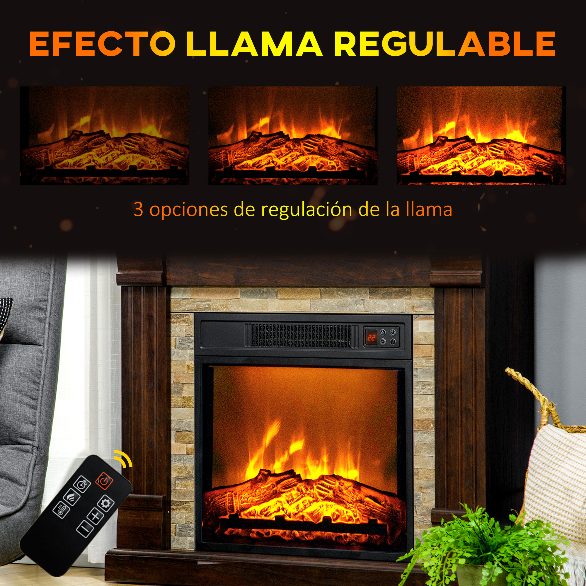 Chimenea eléctrica con efectos de llama ajustables, mando a distancia y elementos decorativos.