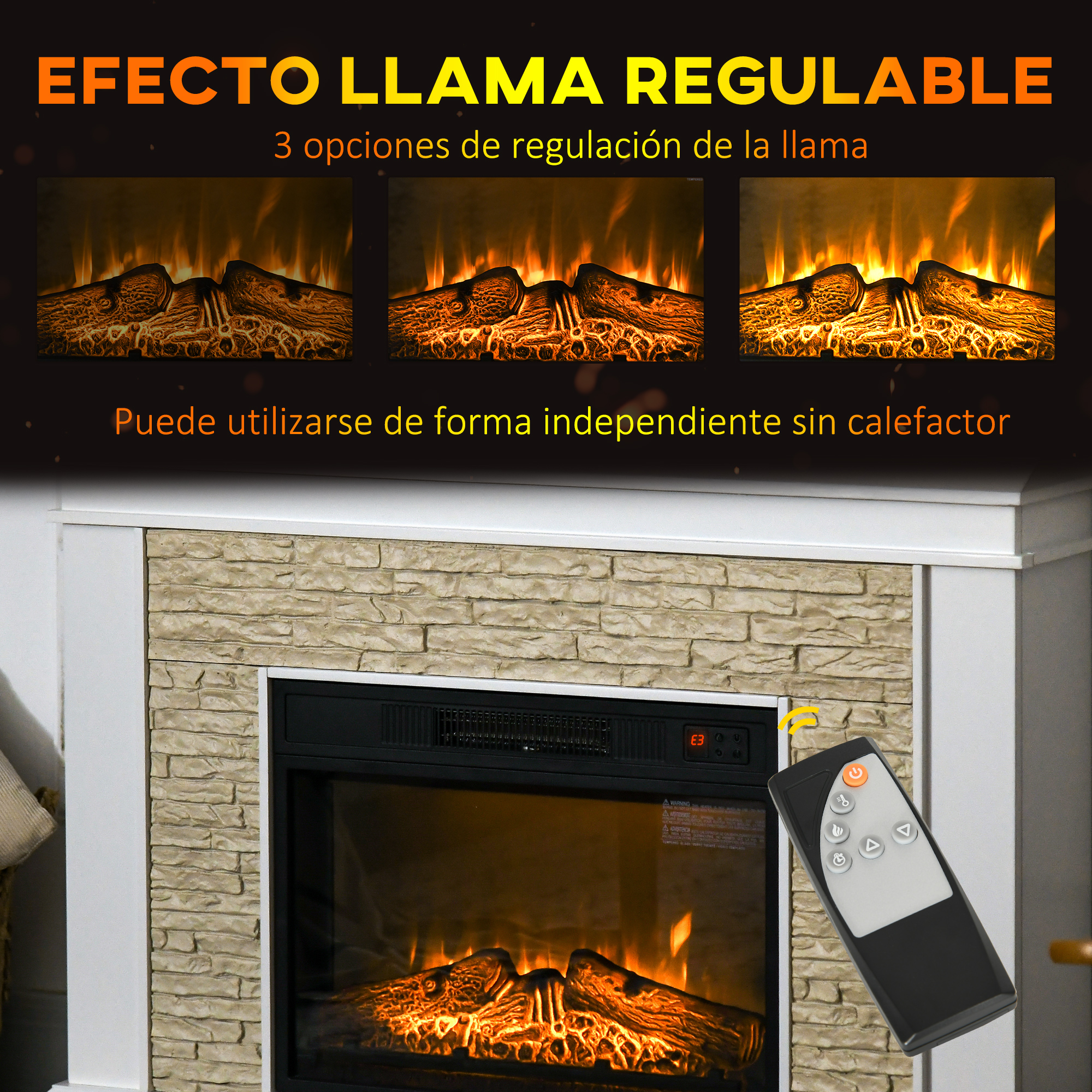Chimenea eléctrica con tres configuraciones de llama. Mando a distancia a la derecha. Leños y fondo de ladrillo.