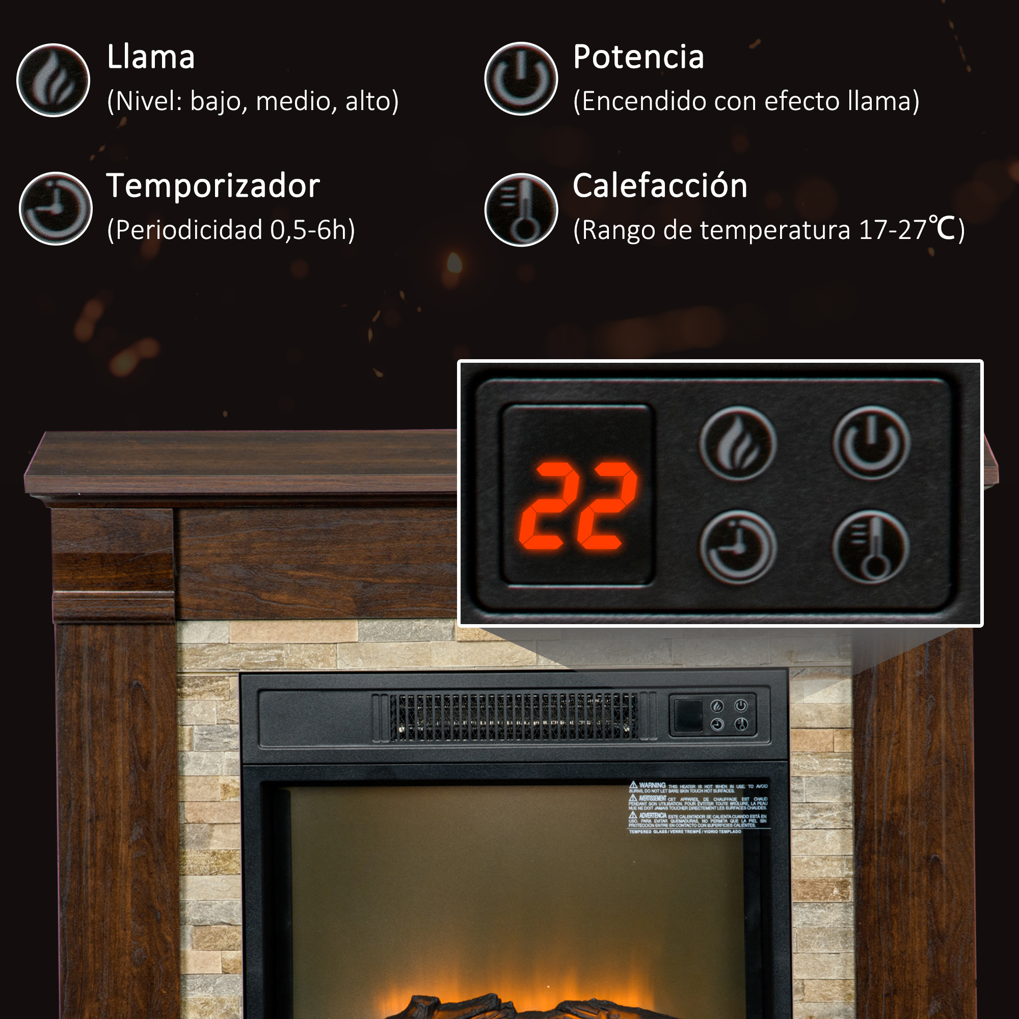 Una chimenea eléctrica con un panel de control que muestra 22. Se ven iconos de llama, potencia, temporizador y calor.