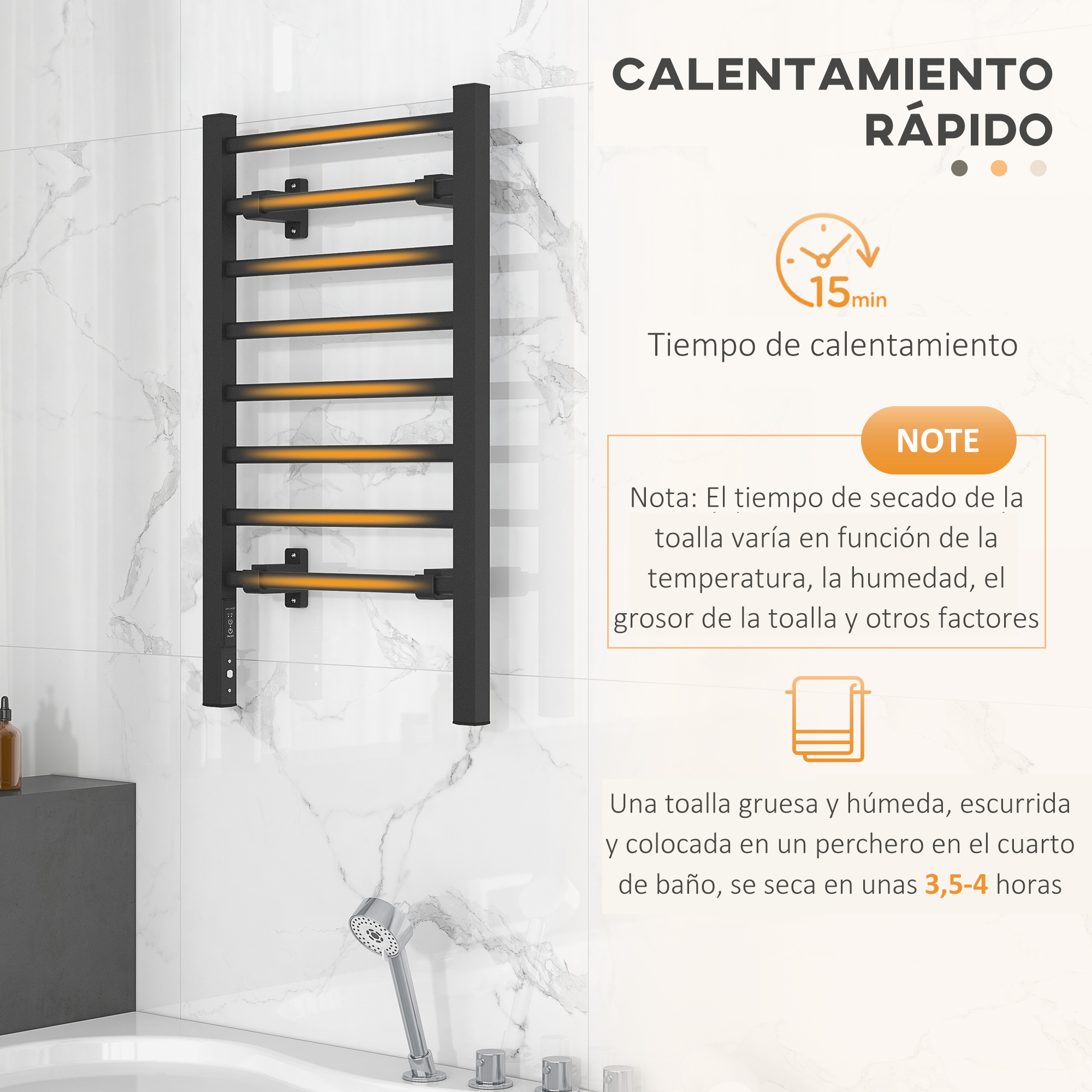 Toallero negro en pared de azulejos blancos, con temporizador e info sobre toallas.