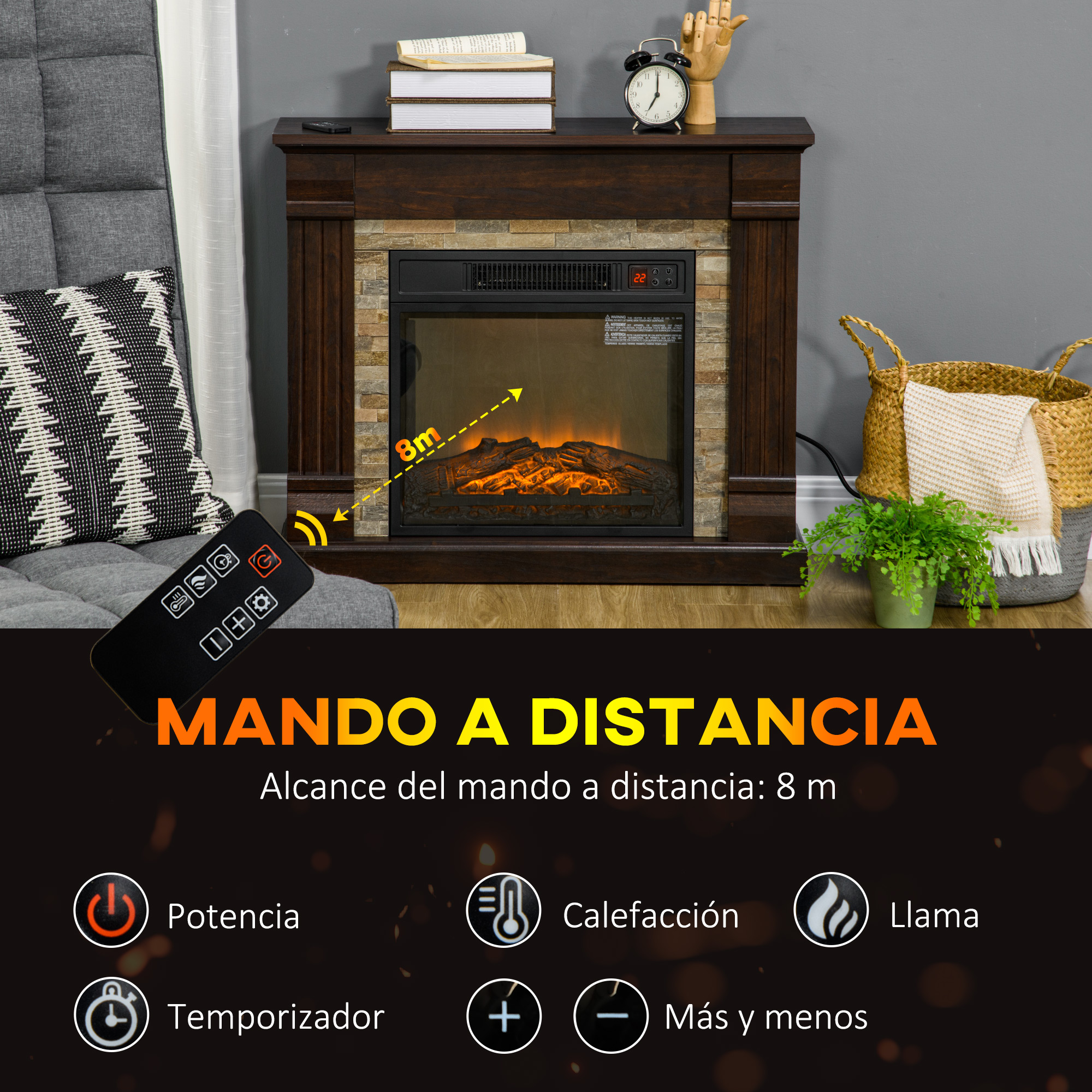 Una chimenea con mando a distancia. Tiene una fachada de piedra y un mantel de madera.