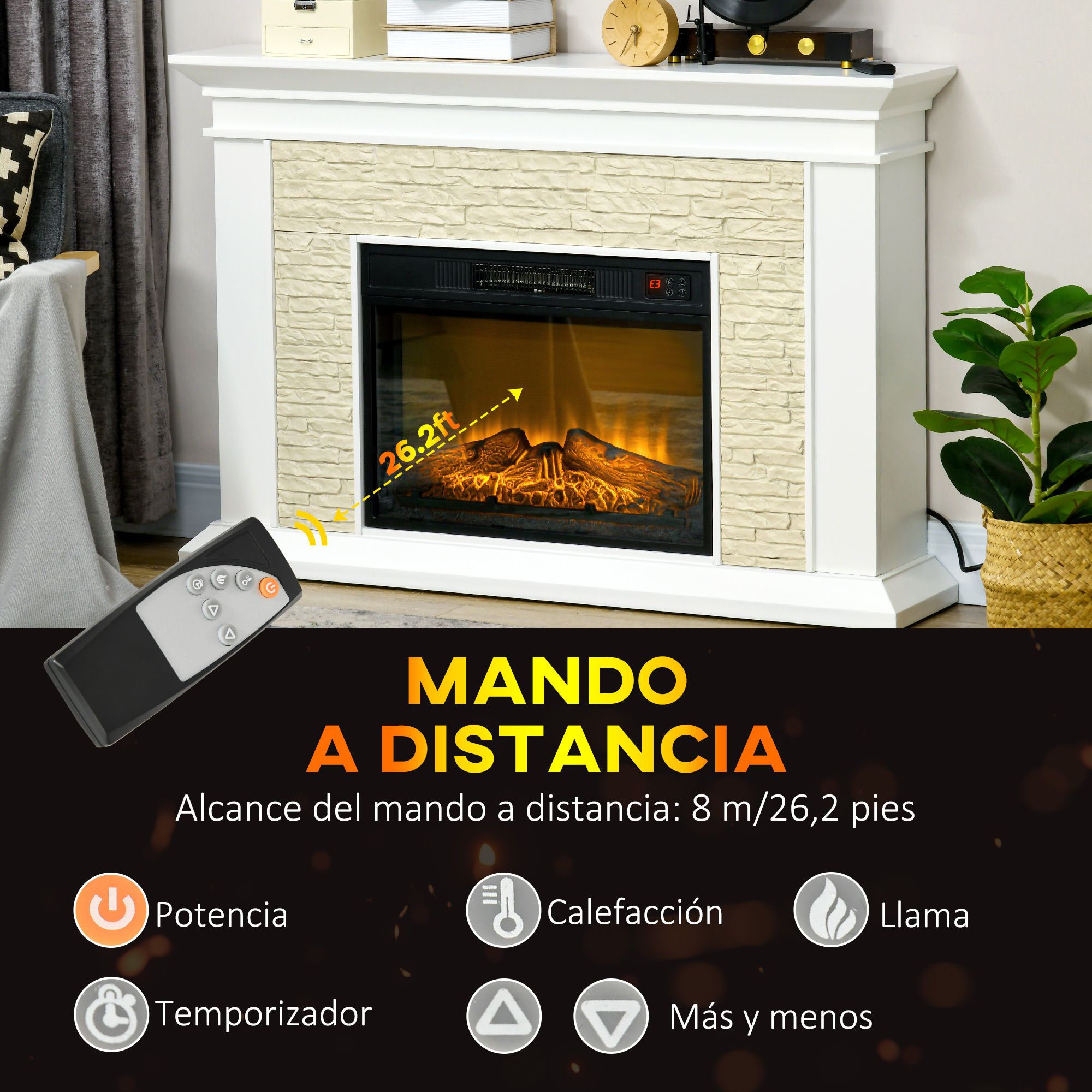 Una chimenea blanca con fuego encendido y un control remoto. El texto dice 'Mando a Distancia'.