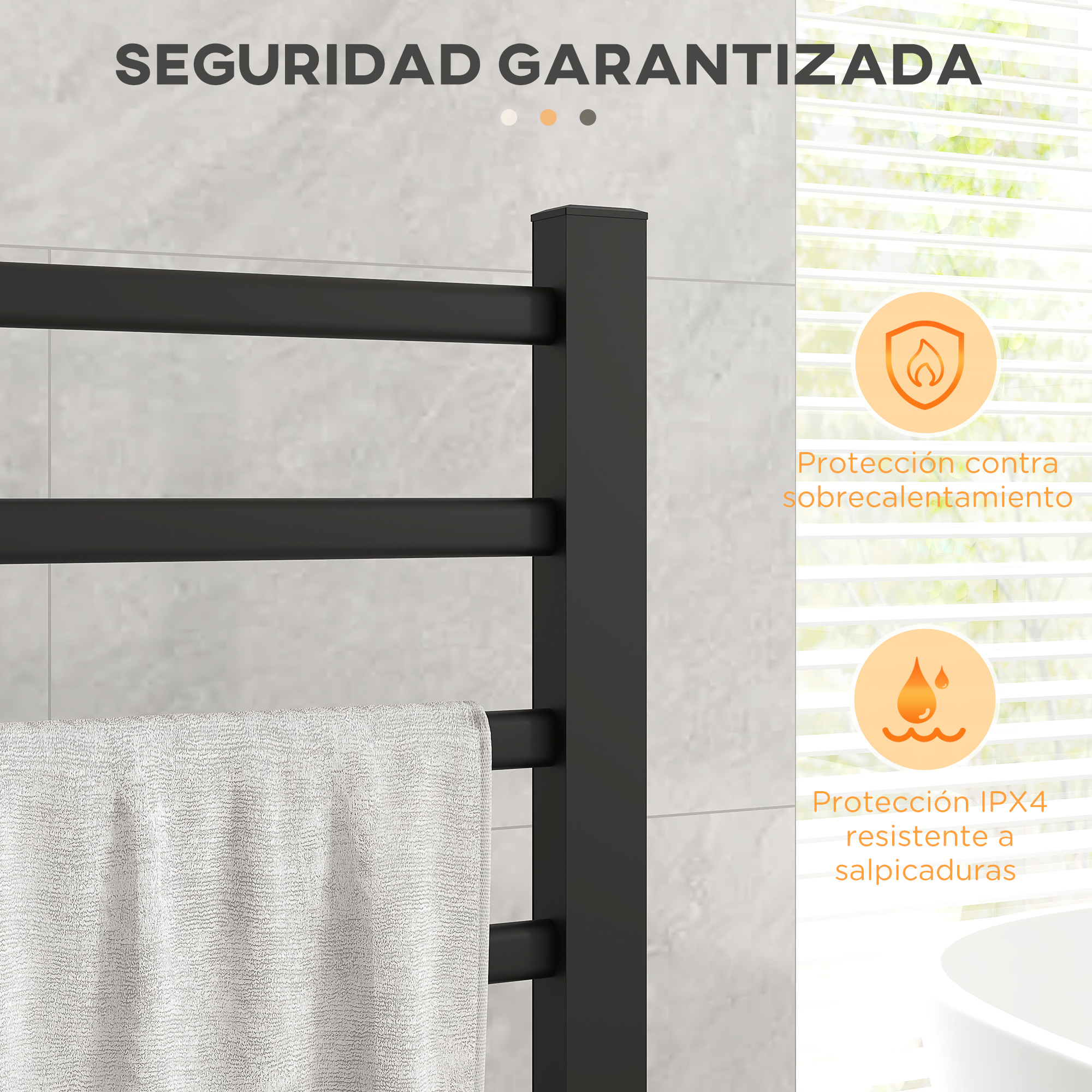 Un toallero negro con una toalla. El texto: seguridad garantizada y protección.