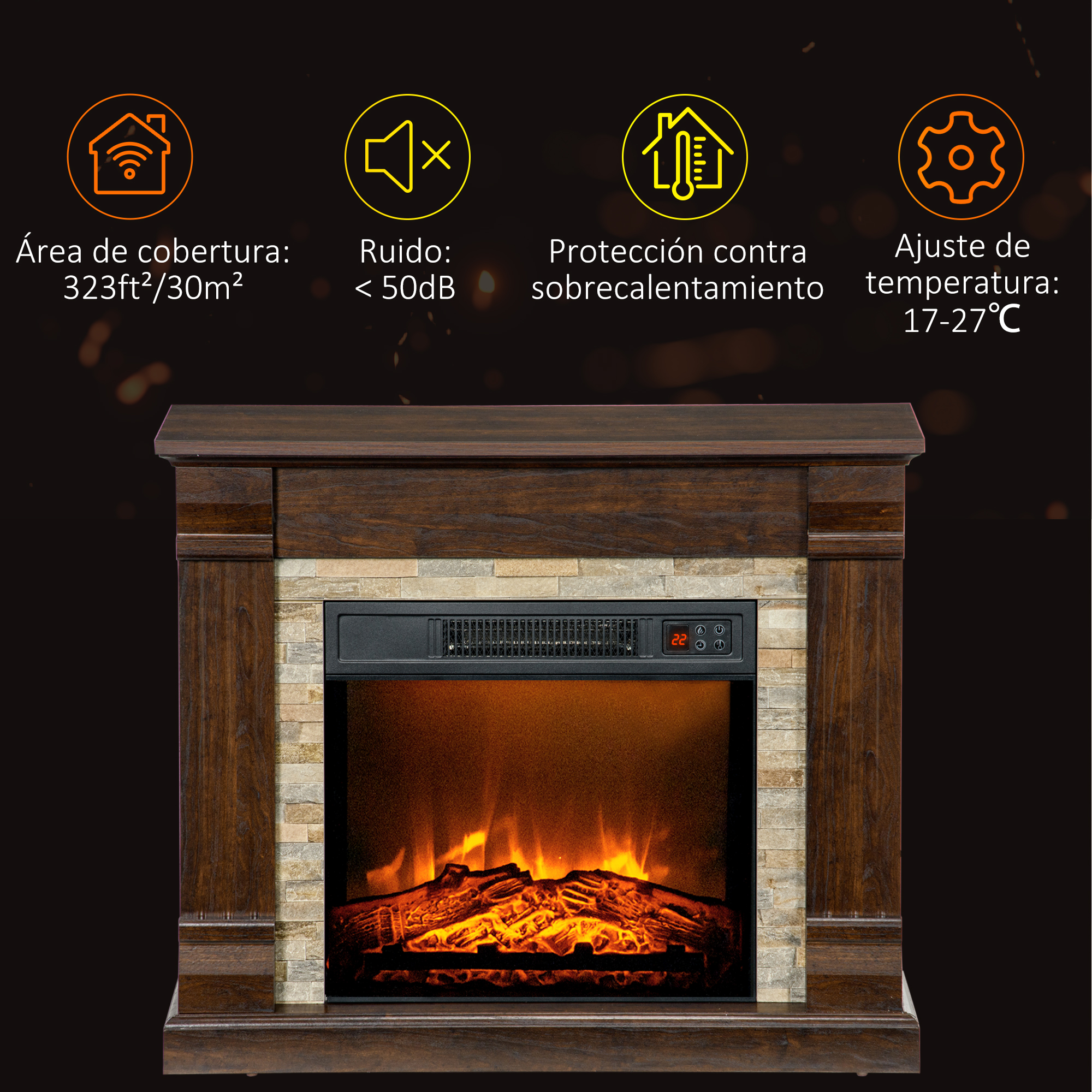 Una chimenea eléctrica marrón con efecto de llama, rodeada de iconos y texto.
