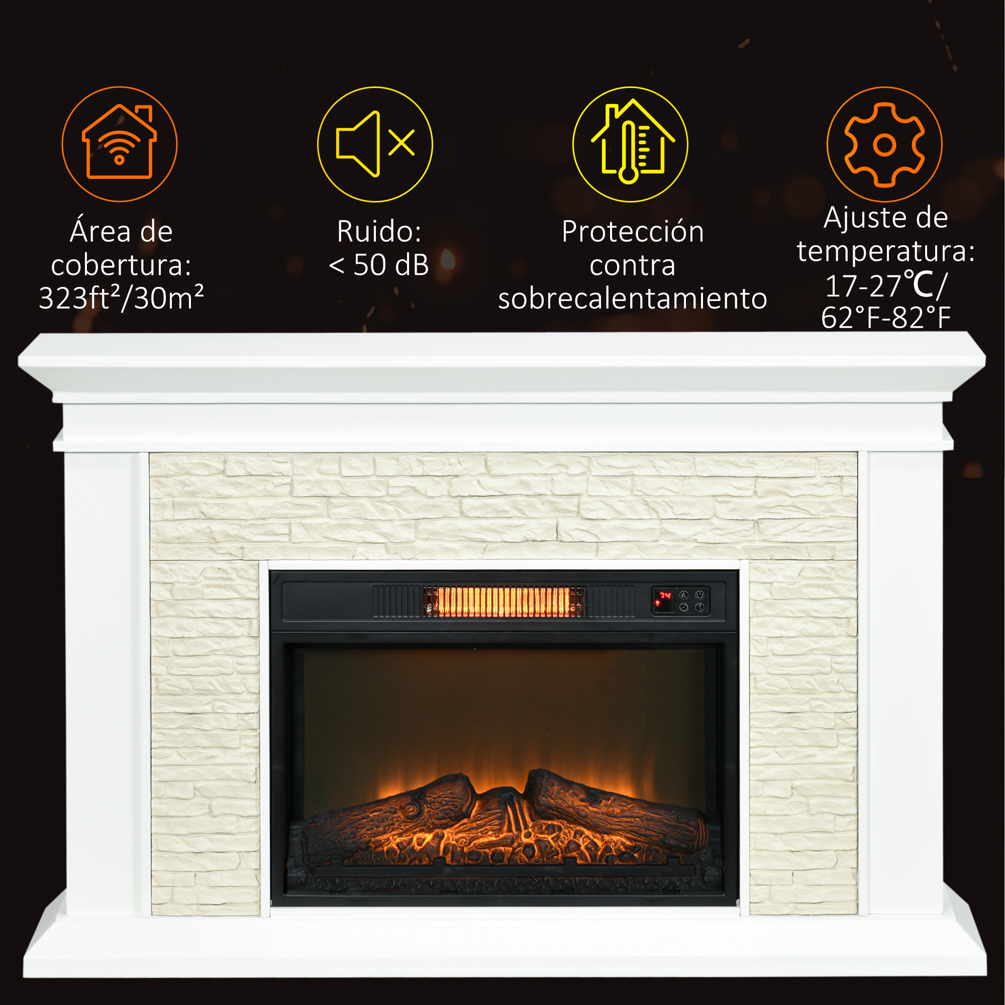 Una chimenea blanca con diseño de ladrillos, con texto e iconos sobre fondo negro.
