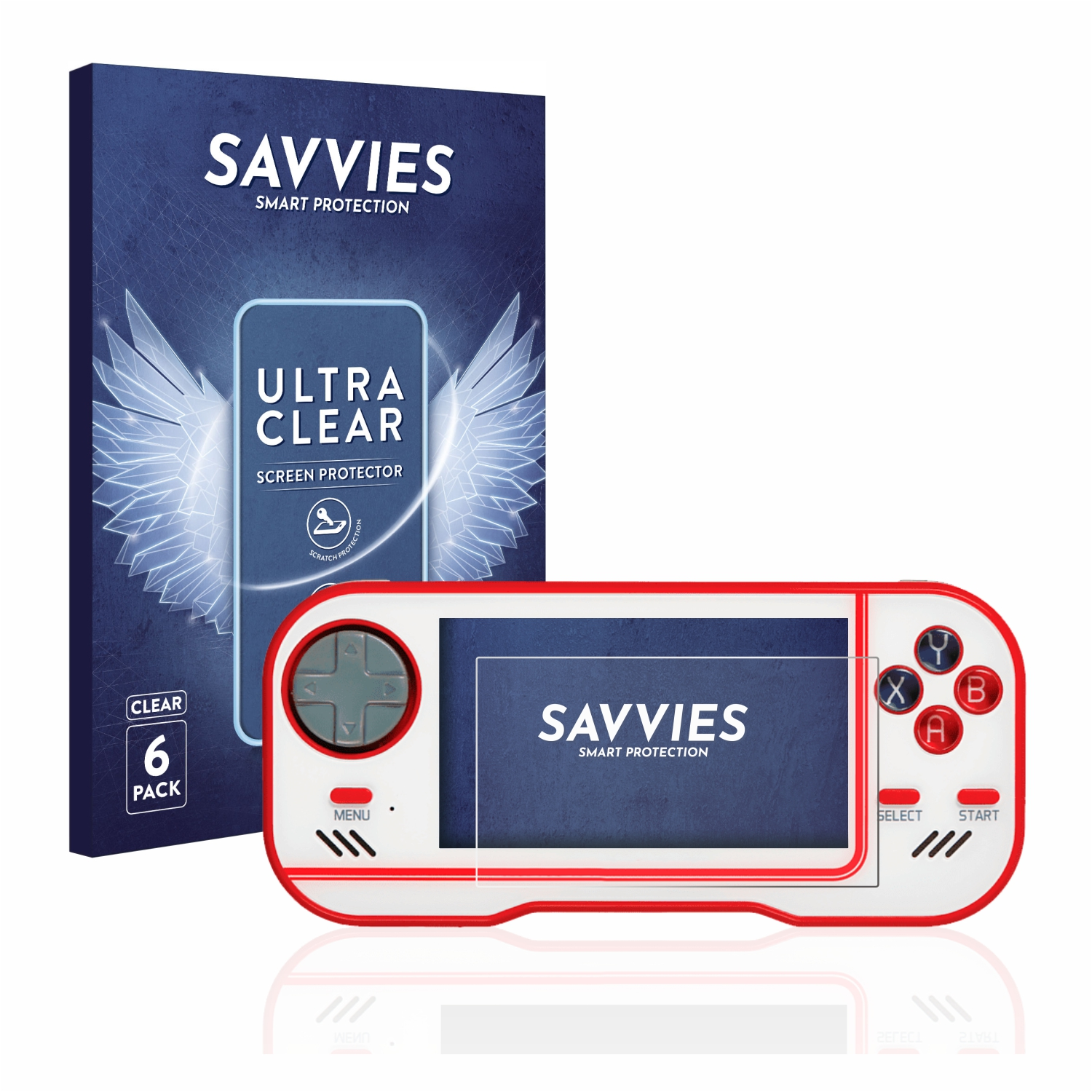 Tragbare Spielkonsole und Displayschutzfolienpackung. Konsole weiß und rot. Schutzbox blau.