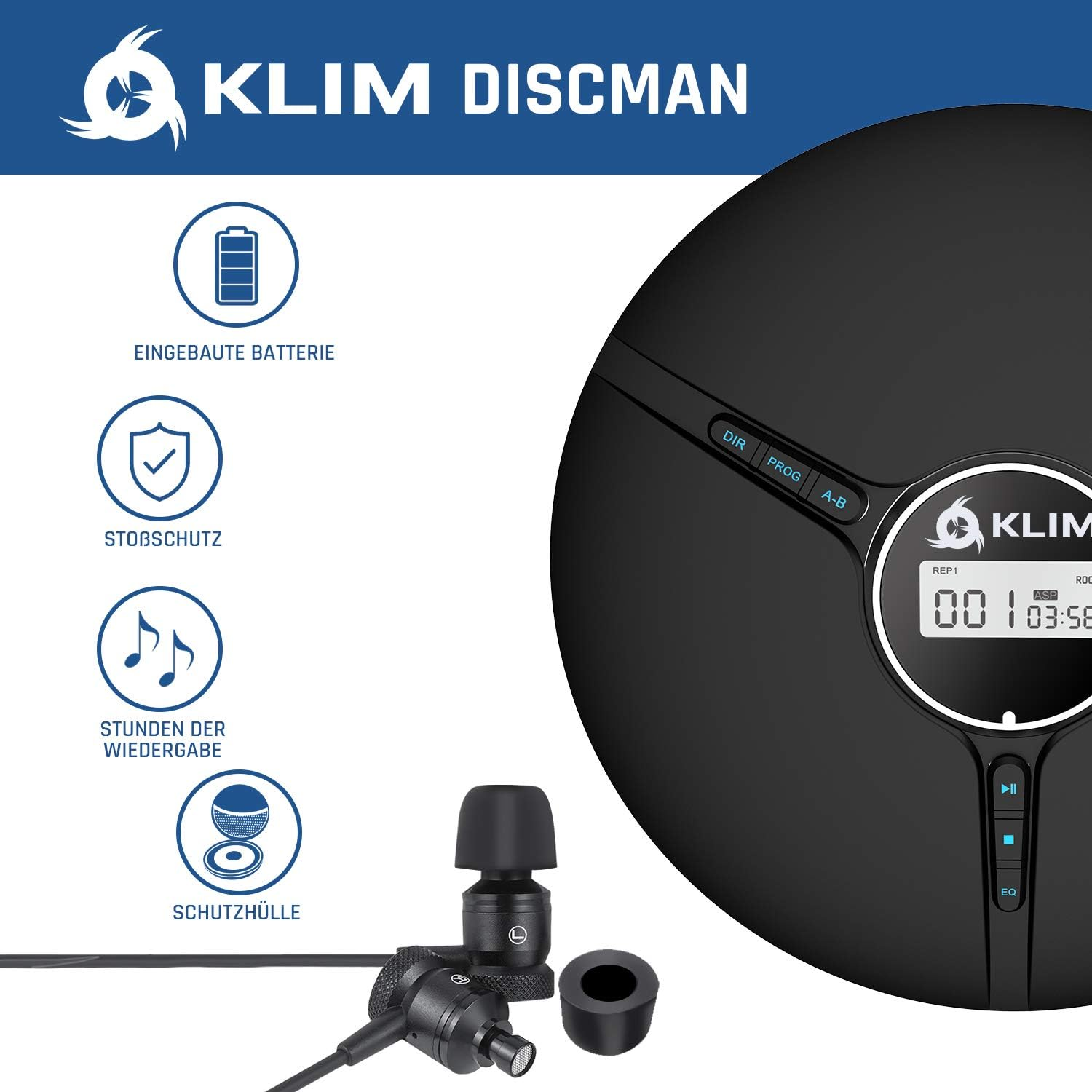 Schwarzer Discman-Player mit Kopfhörern. Zu den Merkmalen gehören Knöpfe und ein kleines Display.