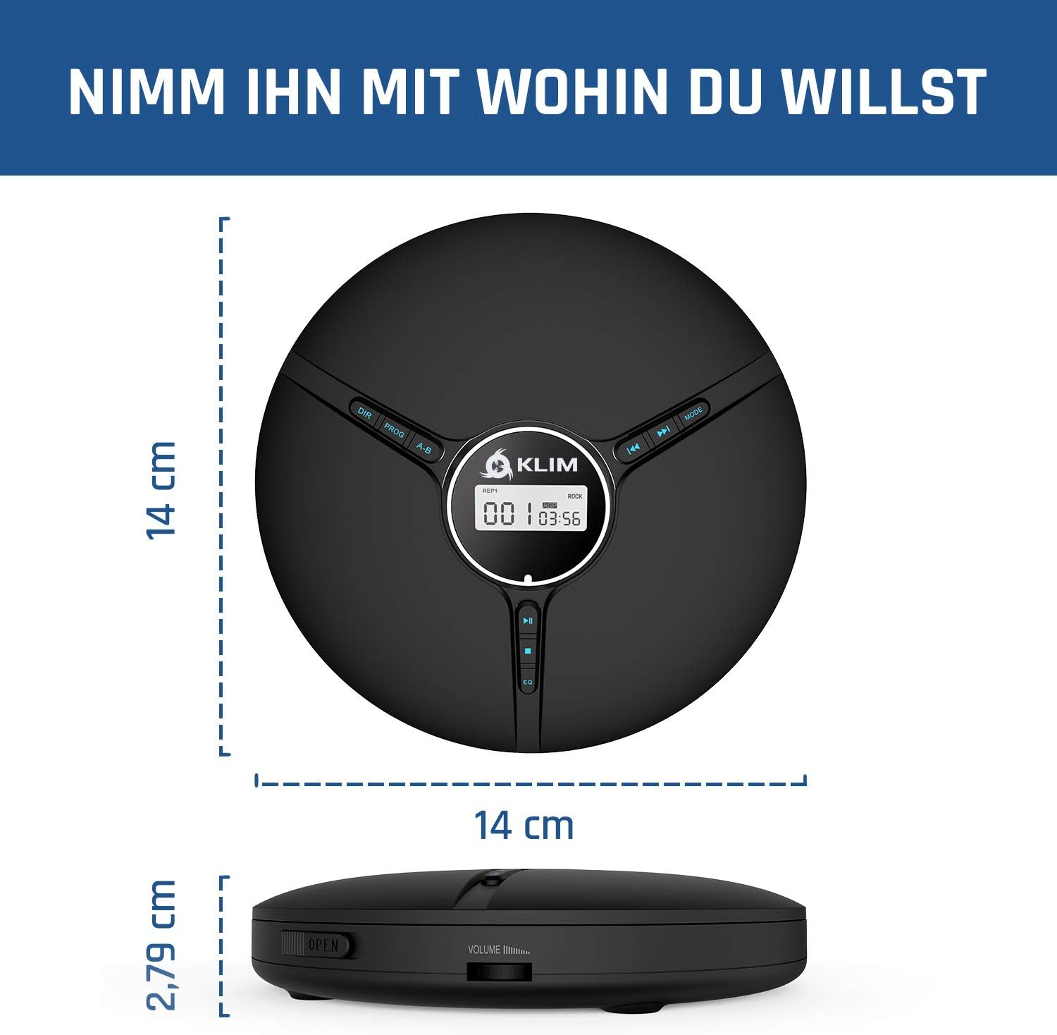 Schwarzer tragbarer CD-Player. Text: NIMM IHN MIT WOHIN DU WILLST. Abmessungen werden angezeigt.