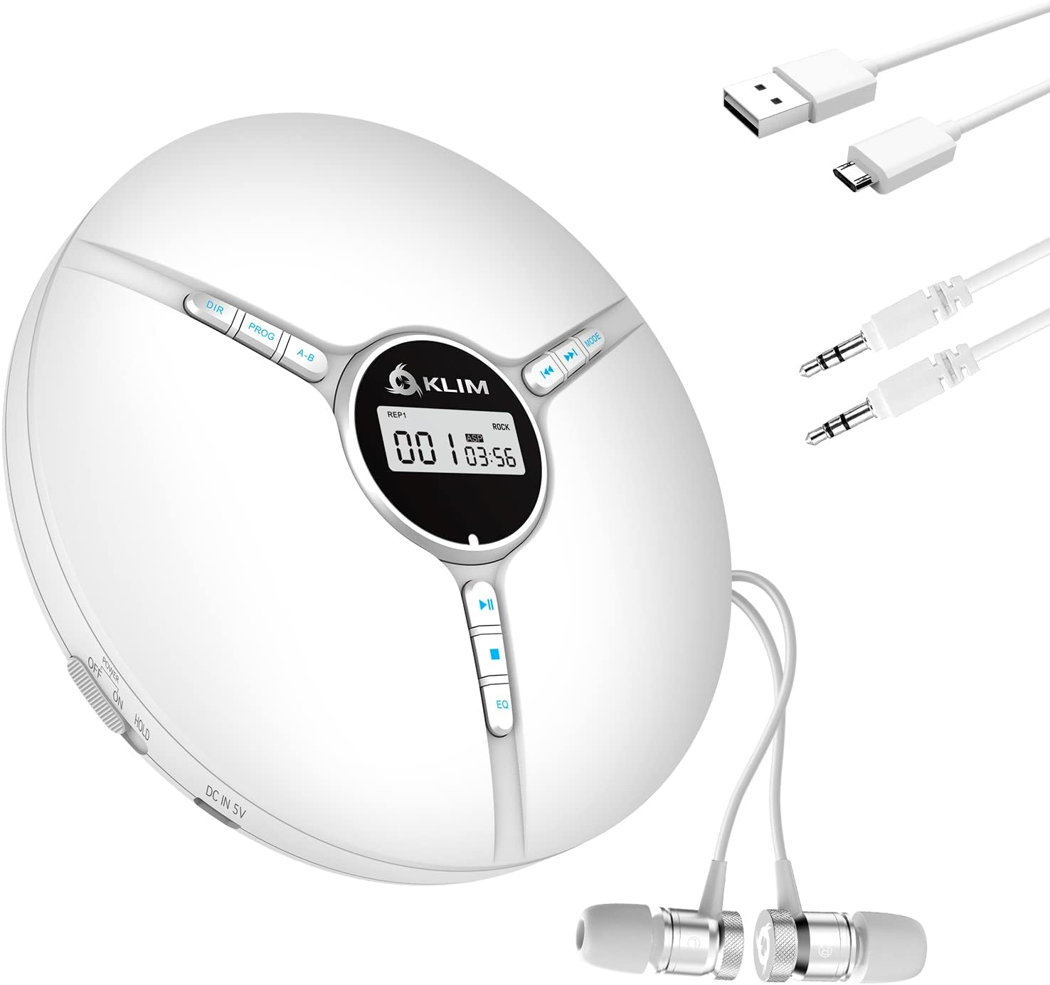 Weißer tragbarer CD-Player mit Display, Knöpfen und einem Paar Ohrhörer. Kabel und weißer Hintergrund.