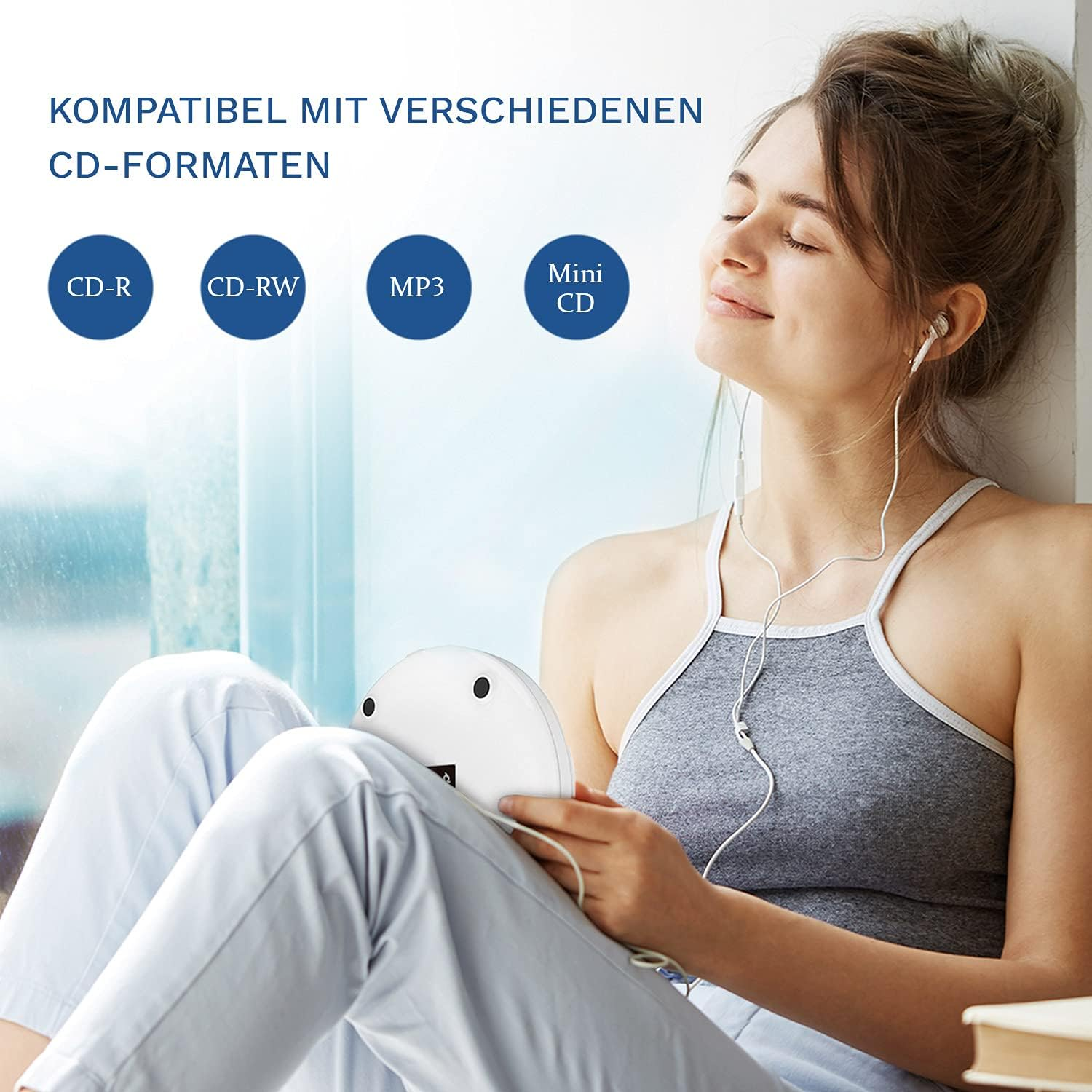 Frau mit Kopfhörern hört Musik, mit Text über CD-Formate. Blaue Kreise.