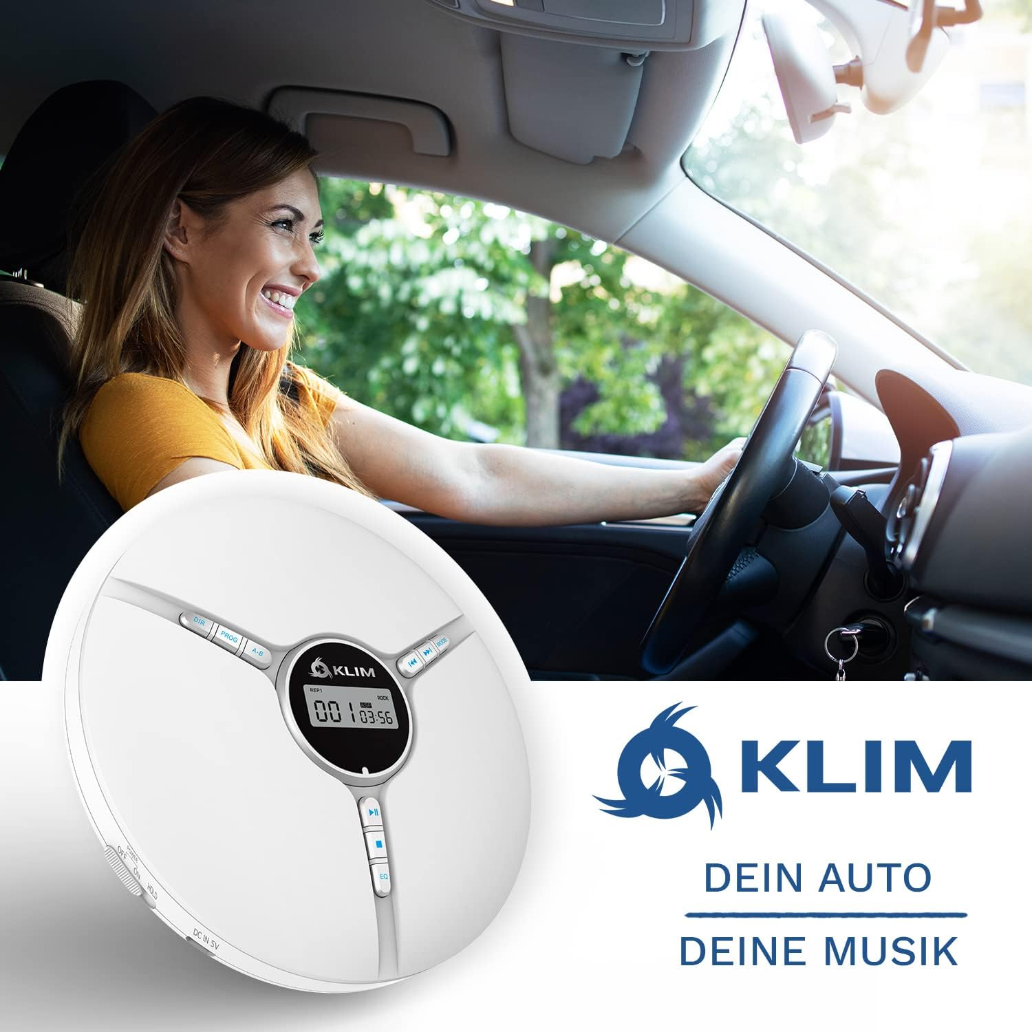 Eine Frau fährt Auto. Ein weißes kreisförmiges Gerät befindet sich im Vordergrund. Das Klim-Logo ist sichtbar.
