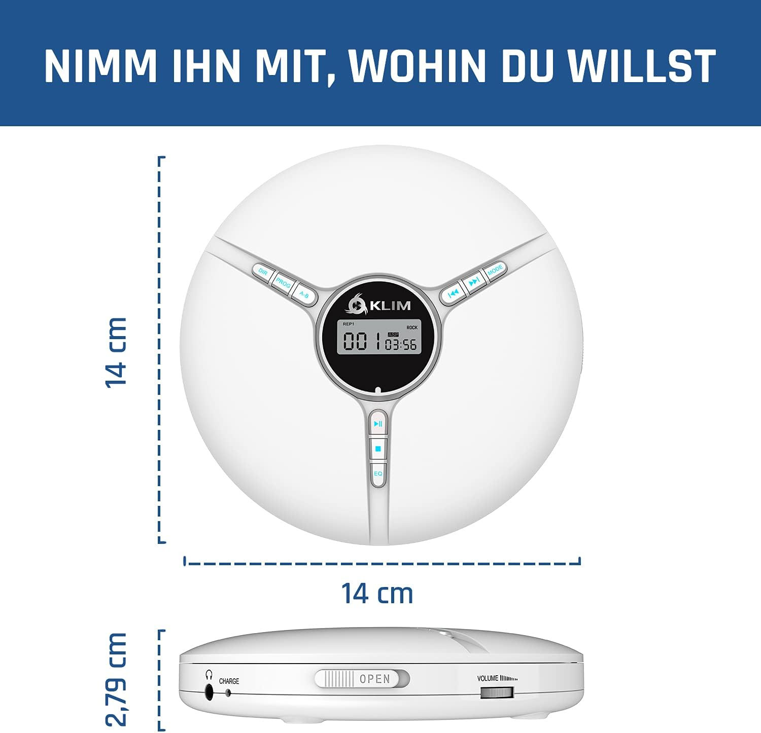 Weißer, kreisförmiger tragbarer CD-Player mit Digitalanzeige, die die Zeit anzeigt, und Text mit 'KLIM'.
