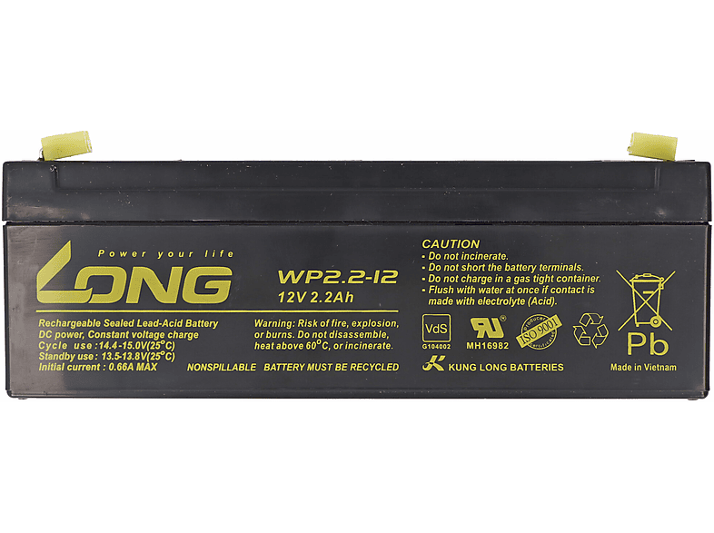 KUNG LONG Kung Long WP2.2-12 Blei Akku mit VDS -Zulassung, 4,8mm Steckkontakte Pb - Blei Bleiakku, 2200 mAh