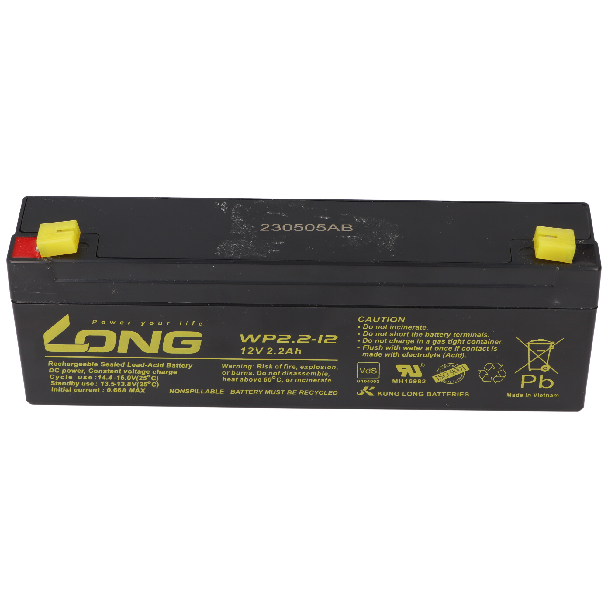Schwarze rechteckige Batterie mit gelben Anschlüssen. Text: LONG, WP2.2-12, 12V 2.2Ah. Warnhinweis.