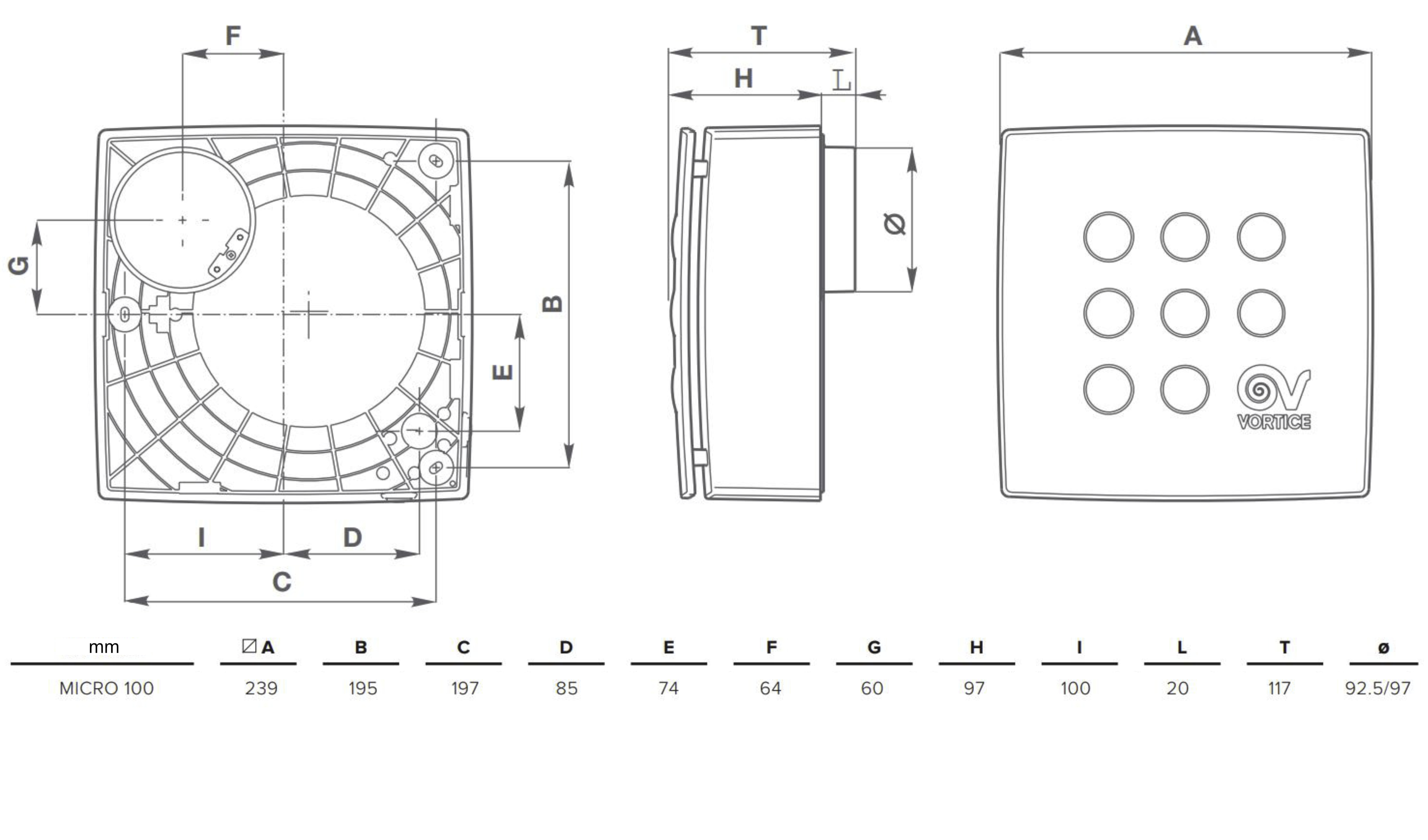Technische Zeichnung mit Maßen eines quadratischen Lüftungssystems.