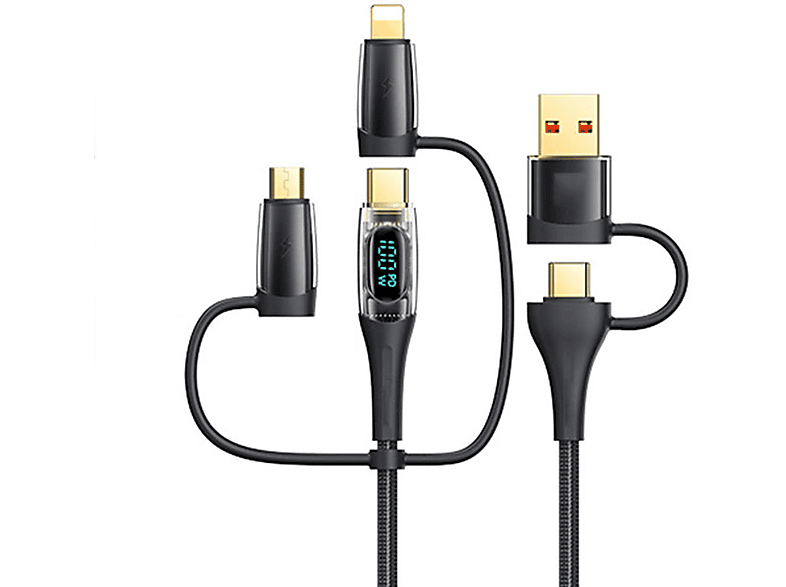 4-in-1 USB Kabel Einziehbar, 1,2m - Mit Lightning, Micro USB, Type C Für Schnelles Laden