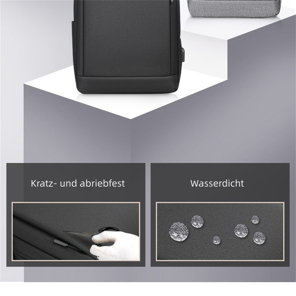 Schwarzer Rucksack auf weißer Oberfläche, mit Kratzfestigkeit und wasserdichten Symbolen.