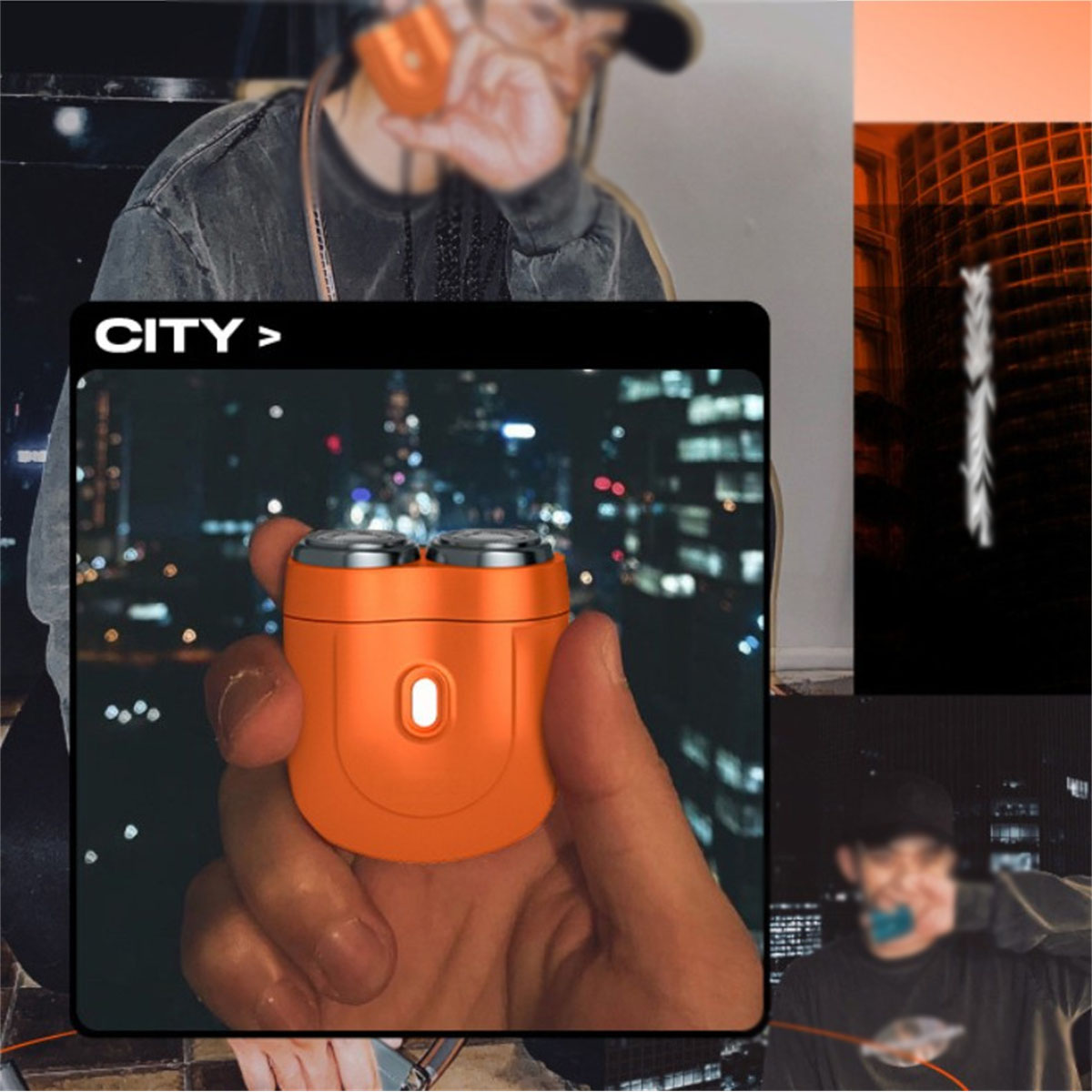Ein orangefarbener Elektrorasierer wird von einer Hand gehalten, mit einer Person und Stadt im Hintergrund.