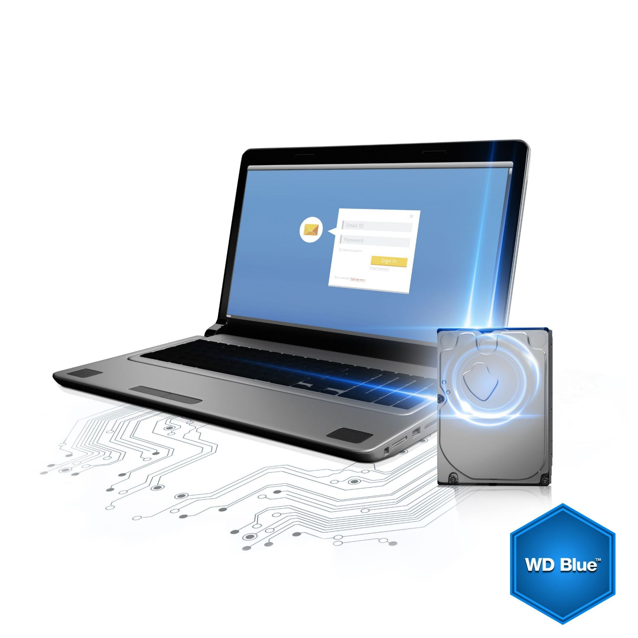 Ein Laptop und eine Festplatte mit einem WD Blue-Logo. Der Laptop-Bildschirm zeigt eine Login-Seite.