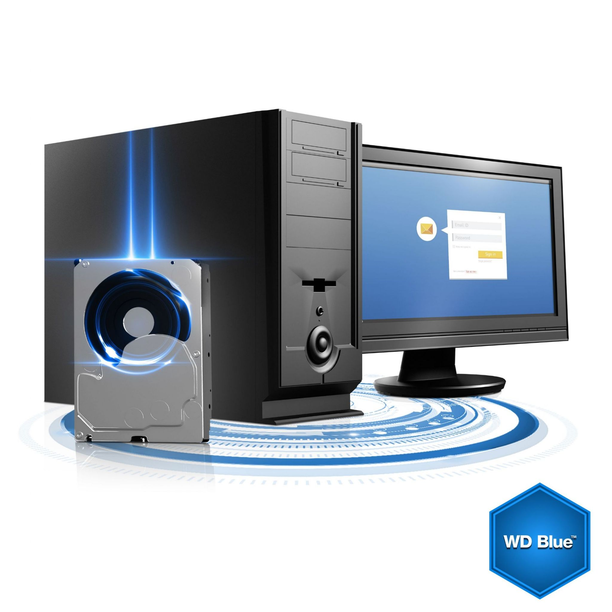 Schwarzer PC, Festplatte und Monitor mit Anmeldebildschirm, blaue Lichteffekte.