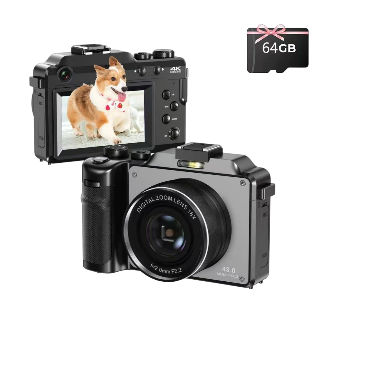 LINGDA 4K HD 48 MP Kamera 18x Grau, Digital Zoom- opt