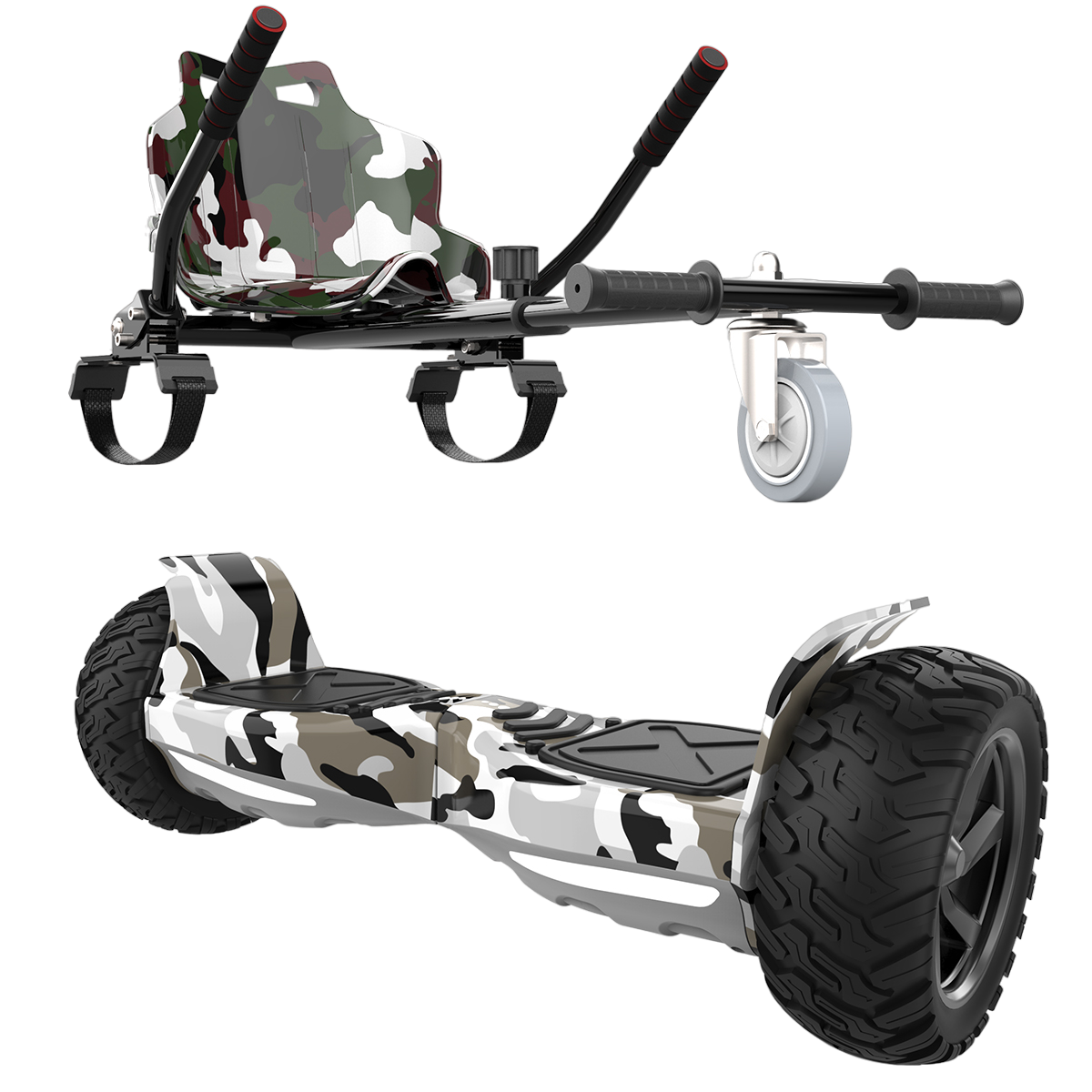 Hoverboard und angebrachter Sitz, beide im Tarnmuster. Das Hoverboard hat schwarze Reifen.
